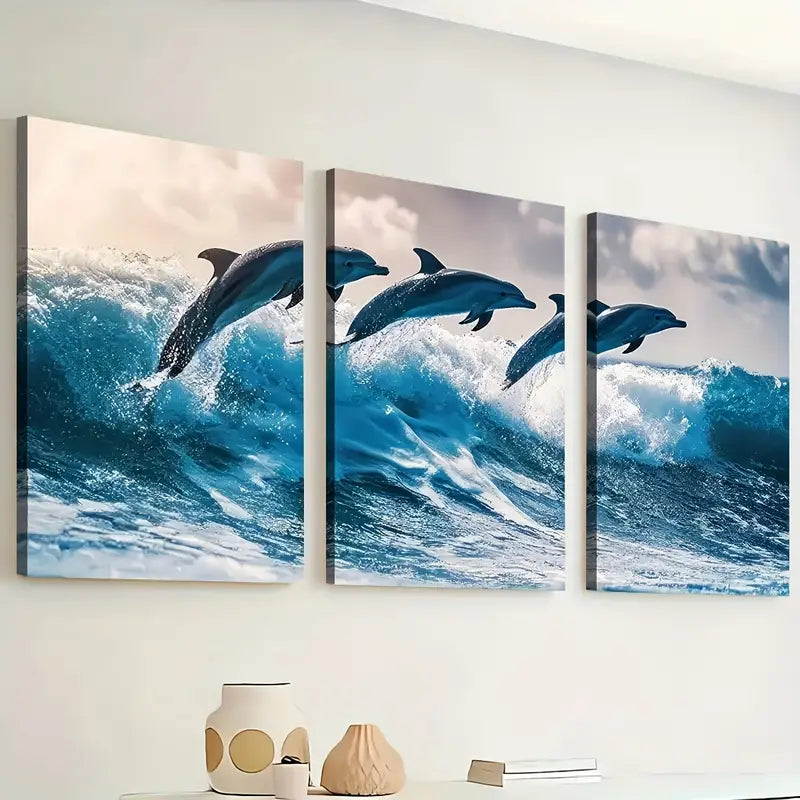 3-Piece Modern Ocean Wave Dolphin Animal Landscape Wall Art Set - Framed Canvas Prints 40x60cm - High Quality Australian Made - Ready to Hang - Perfect for Living Room, Bedroom & Office Decor