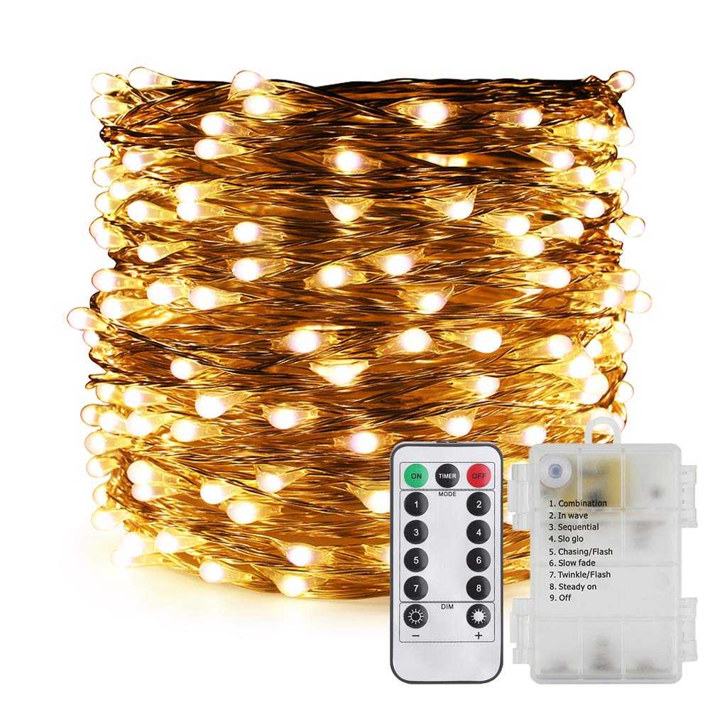 200 LED Fairy String Lights with Remote - 66ft Battery Operated Waterproof Christmas Lights, 8 Modes & Timer Function, Warm White Silver Wire for Bedroom, Wedding, Party Decorations & Outdoor Garden Lighting