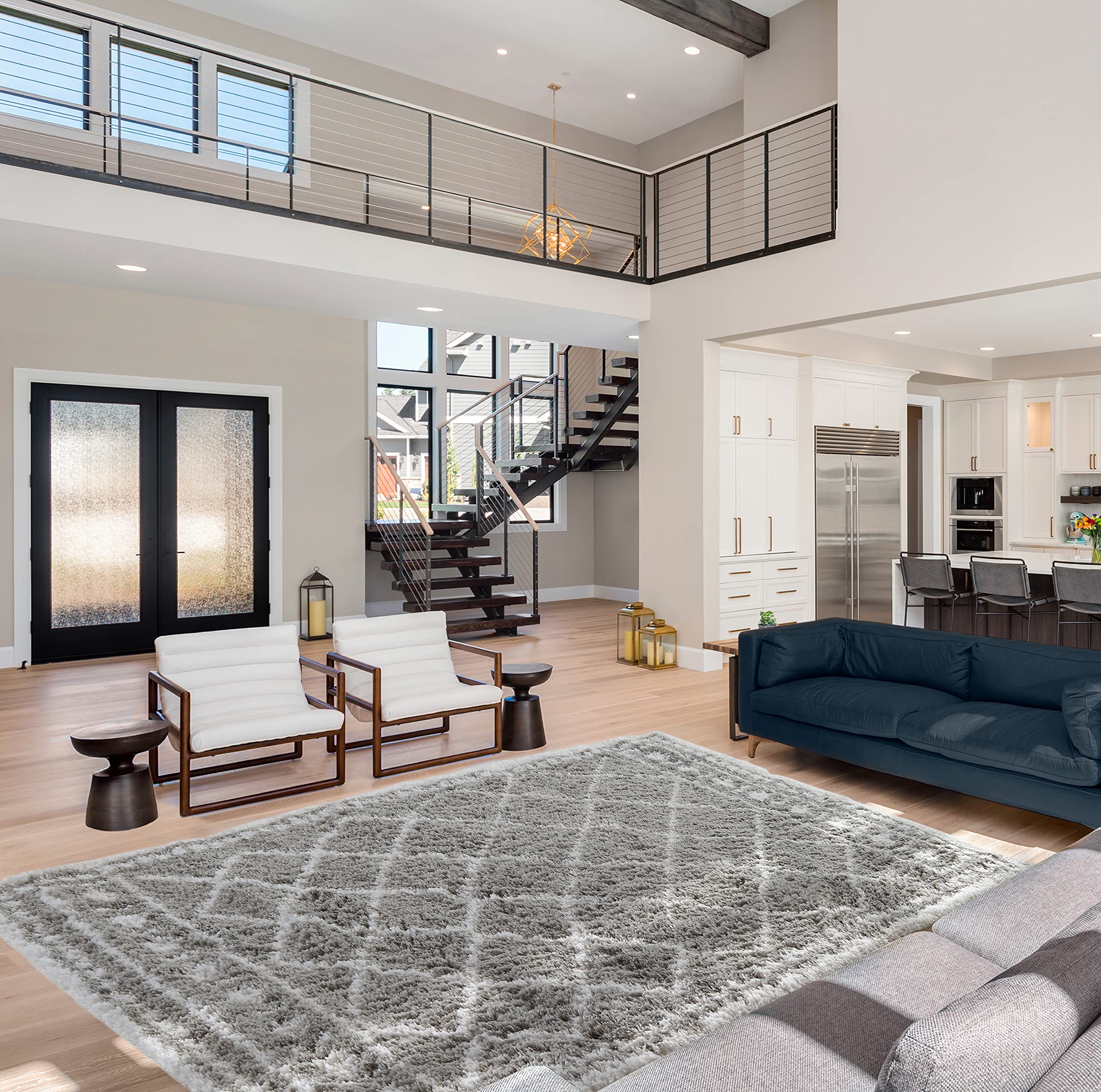 Nautica Puffy Rug – Beni Motif | Premium Shag Area Rug 8' x 11’ | Soft White & Light Grey Modern Home Decor | Perfect for Living Room, Bedroom & Cozy Spaces