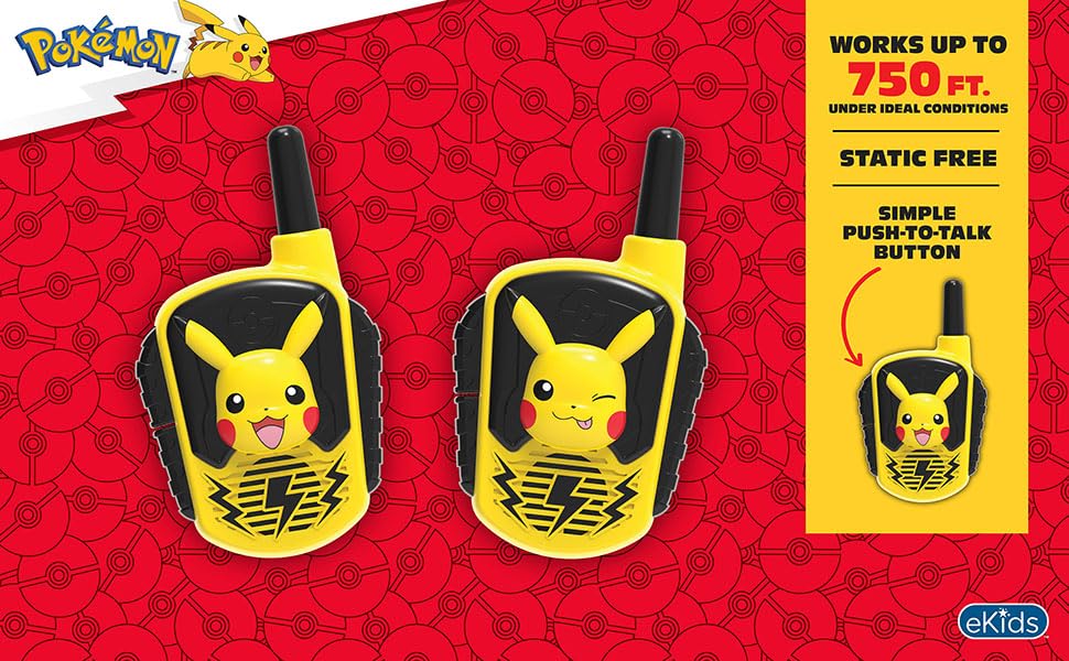 eKids Pokemon Walkie Talkies for Kids - 2 Pack Wireless Walkie Talkie Toys with 22 Channels, LCD Screen & Belt Clip - Perfect for Indoor Outdoor Play, Birthday Gifts for Pokemon Fans (Ages 5-12) - Great for Backyard Adventures, Camping & Sibling Games