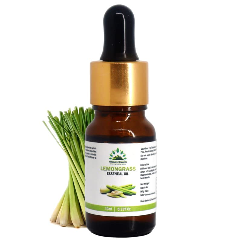 Hillpure Organic Lemongrass Essential Oil - 100% Pure Natural Aromatherapy Oil for Hair, Skin & Relaxation | 10ml | Perfect for Diffusers, Massage & DIY Beauty Products