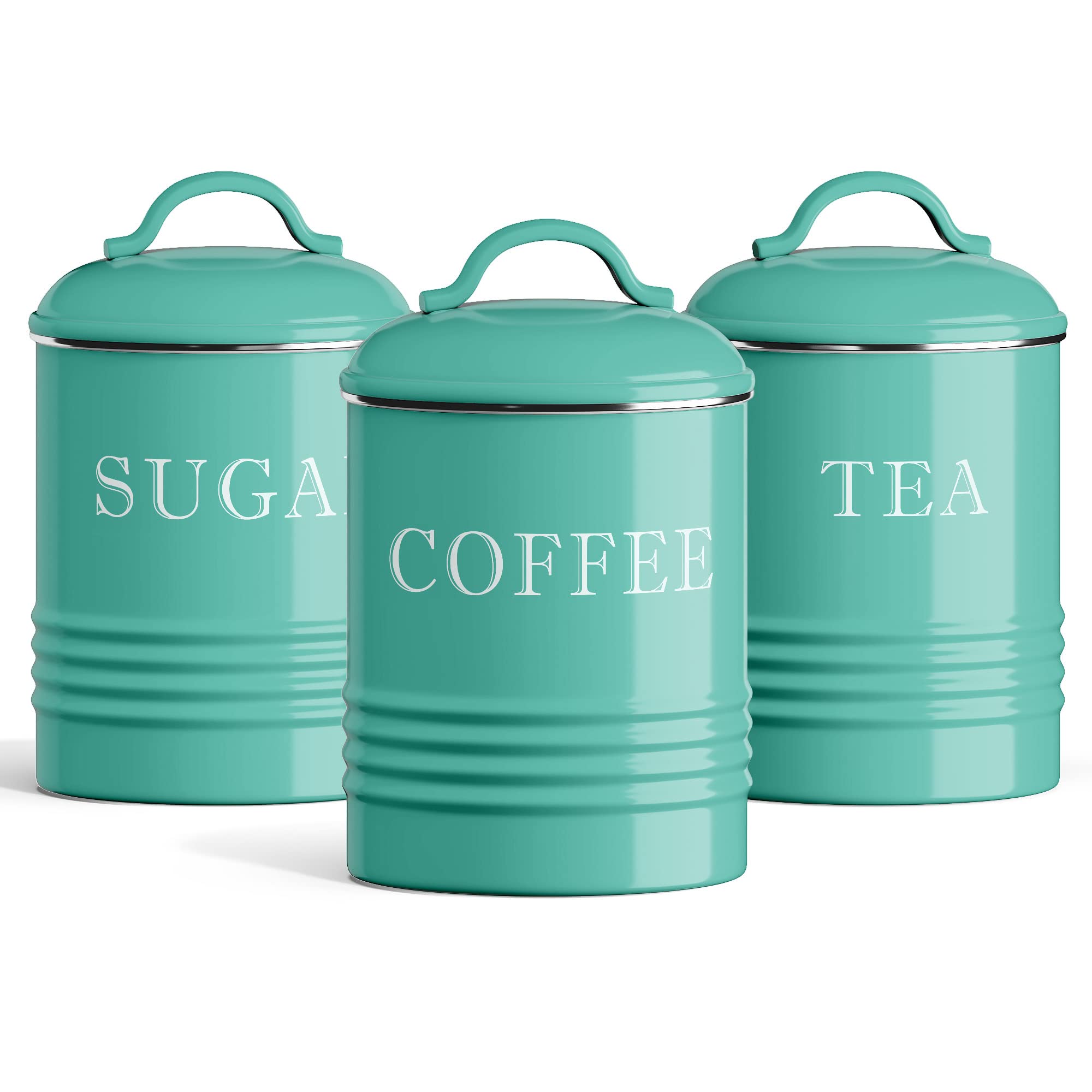 Vintage Farmhouse Kitchen Canister Set - Rustic Metal Coffee, Tea & Sugar Storage Containers for Country Decor | Turquoise Countertop Organizer for Coffee Bar & Pantry