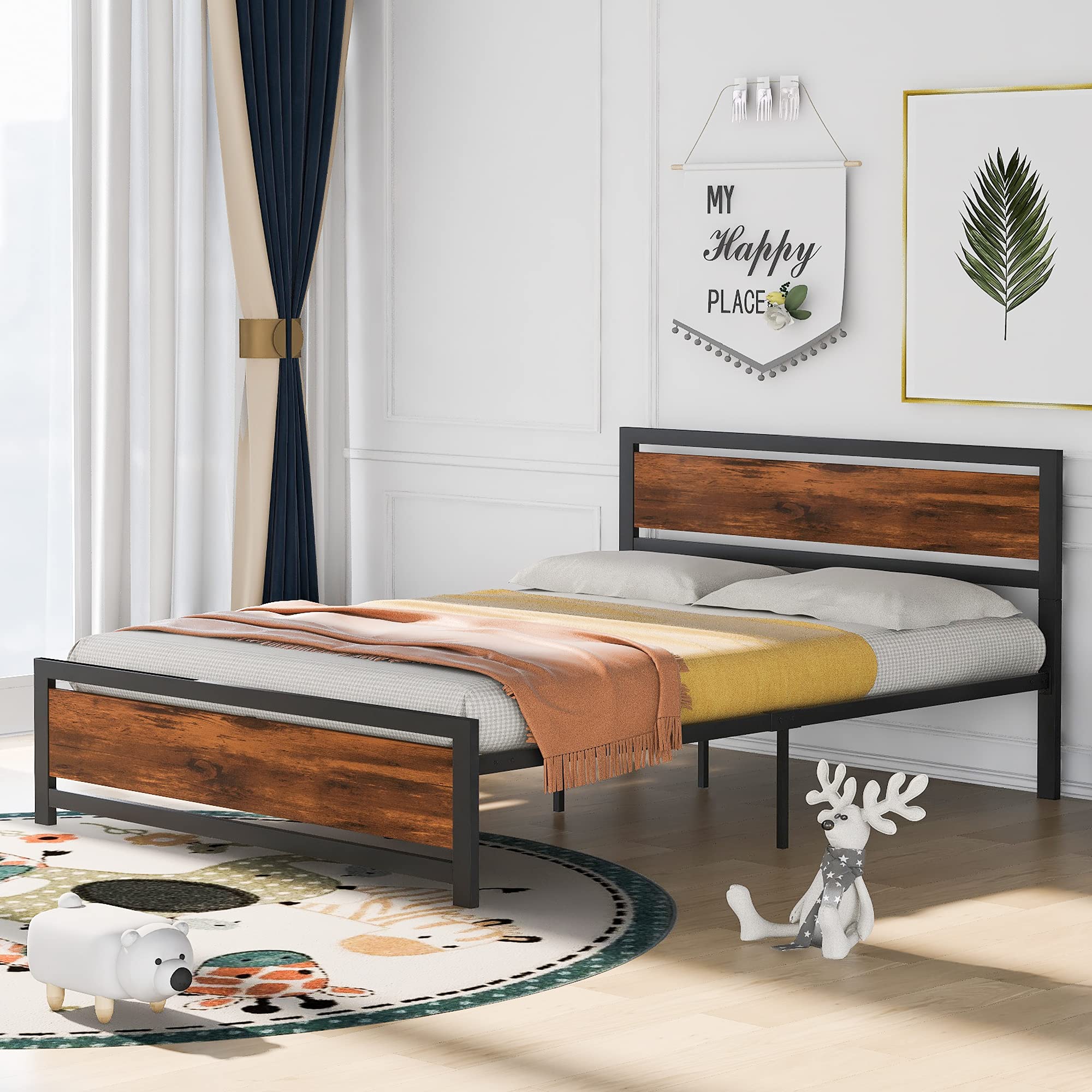 Queen Size Metal Bed Frame with Storage - Sturdy Platform Bed with Headboard & Footboard, 14.7
