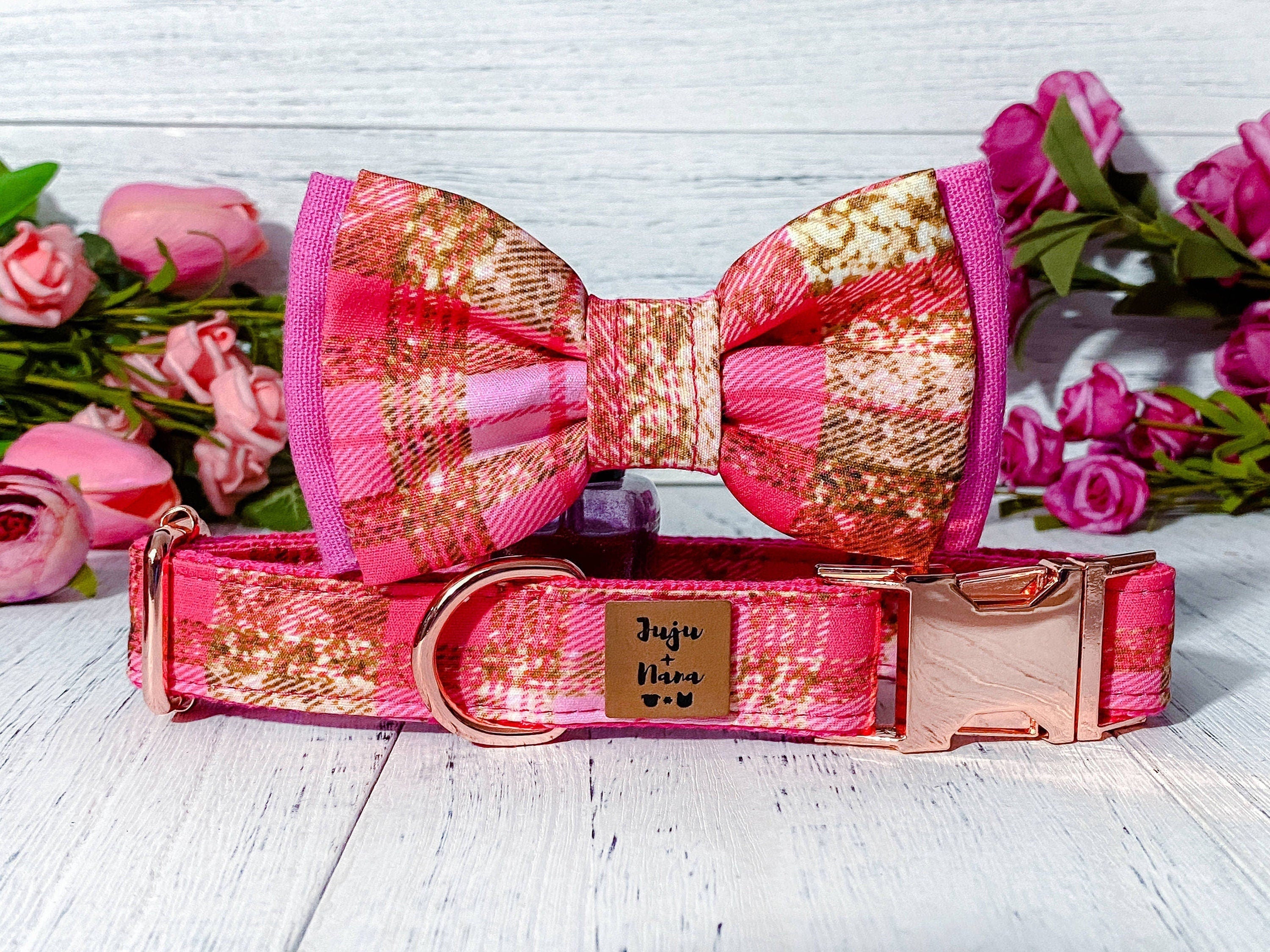 Valentine's Day Dog Collar with Bow Tie - Pink Tartan Plaid for Small & Medium Dogs | Perfect for Valentine's Gifts, Pet Parties & Photo Shoots