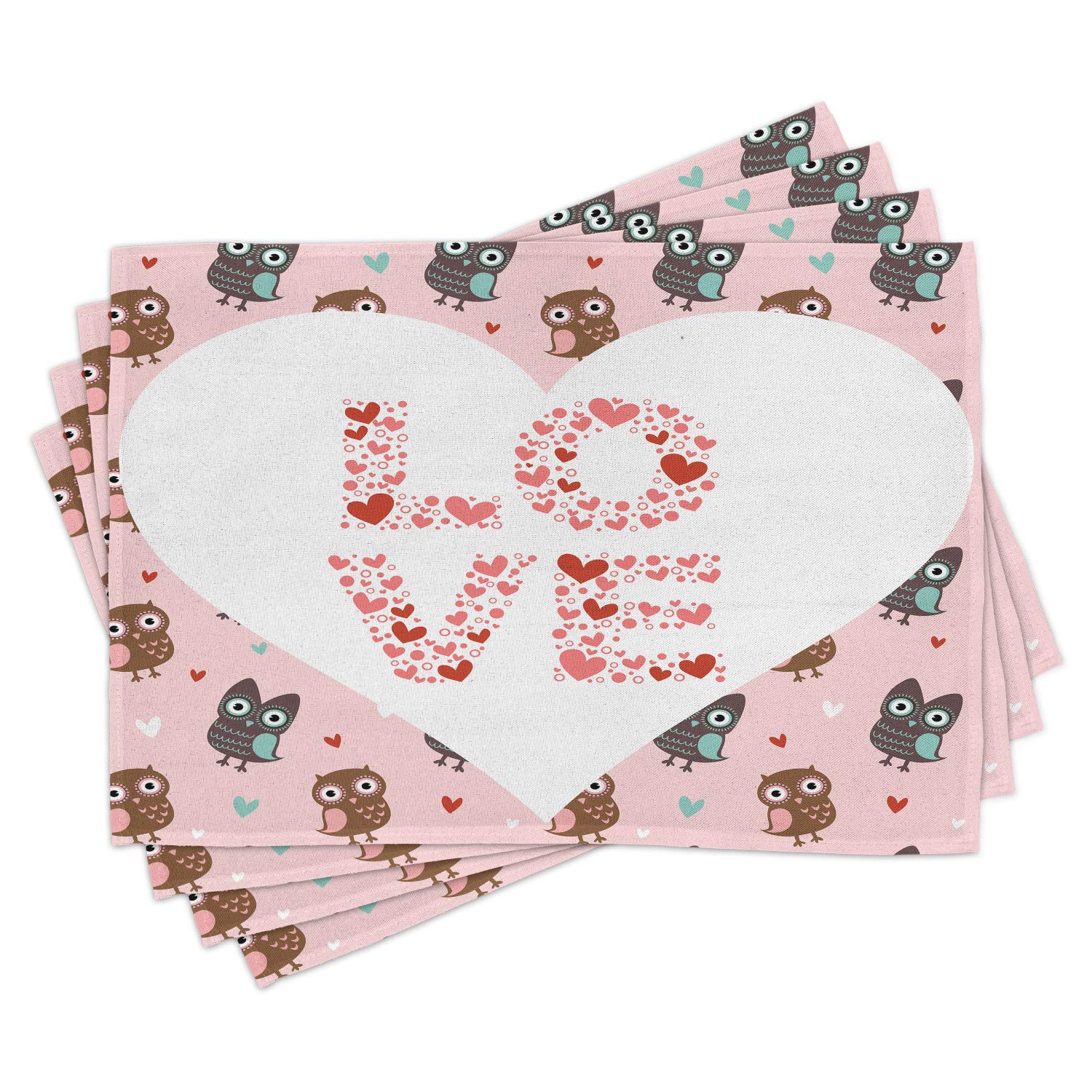 Lunarable Owls Place Mats Set of 4 - Romantic Honeymoon & Engagement Table Decor with Love Message Hearts, Washable Fabric Dining Mats for Kitchen & Dining Room in Pale Pink & White - Perfect for Wedding Anniversaries, Bridal Showers & Couples' Romantic Dinners
