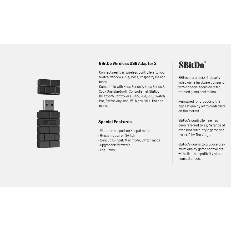 8BitDo USB Wireless Adapter 2 for Nintendo Switch/PC/PS4 - Bluetooth Controller Receiver Dongle - Play Wireless Games on Multiple Consoles & Computers