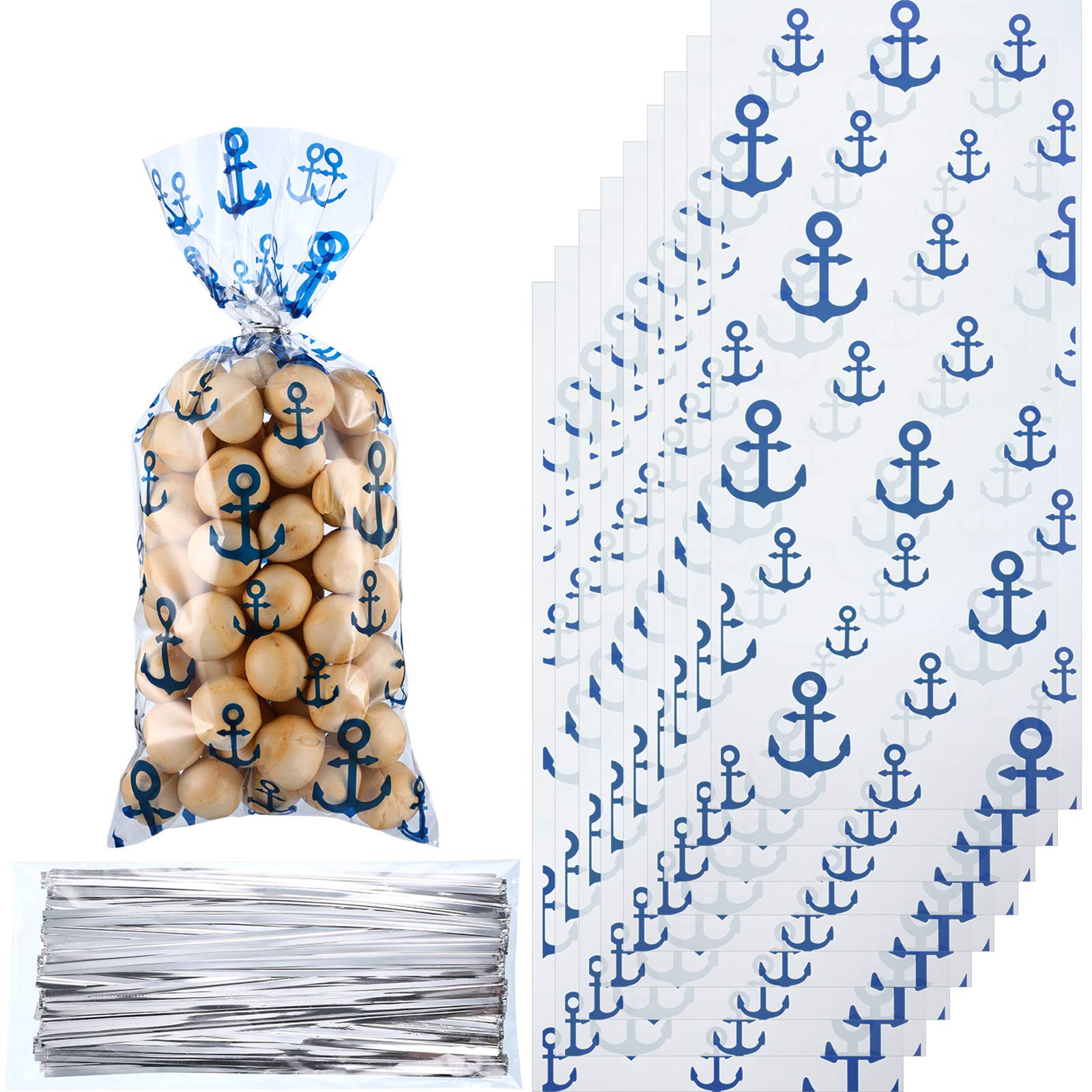 Blulu 100-Pack Nautical Anchor Design Cellophane Bags with Twist Ties - Heat Sealable Candy & Treat Bags for Parties, Cruises, Beach Events, Birthdays & Baby Showers (Navy Blue) | Perfect for Wedding Favors, Holiday Gifts & Candy Packaging