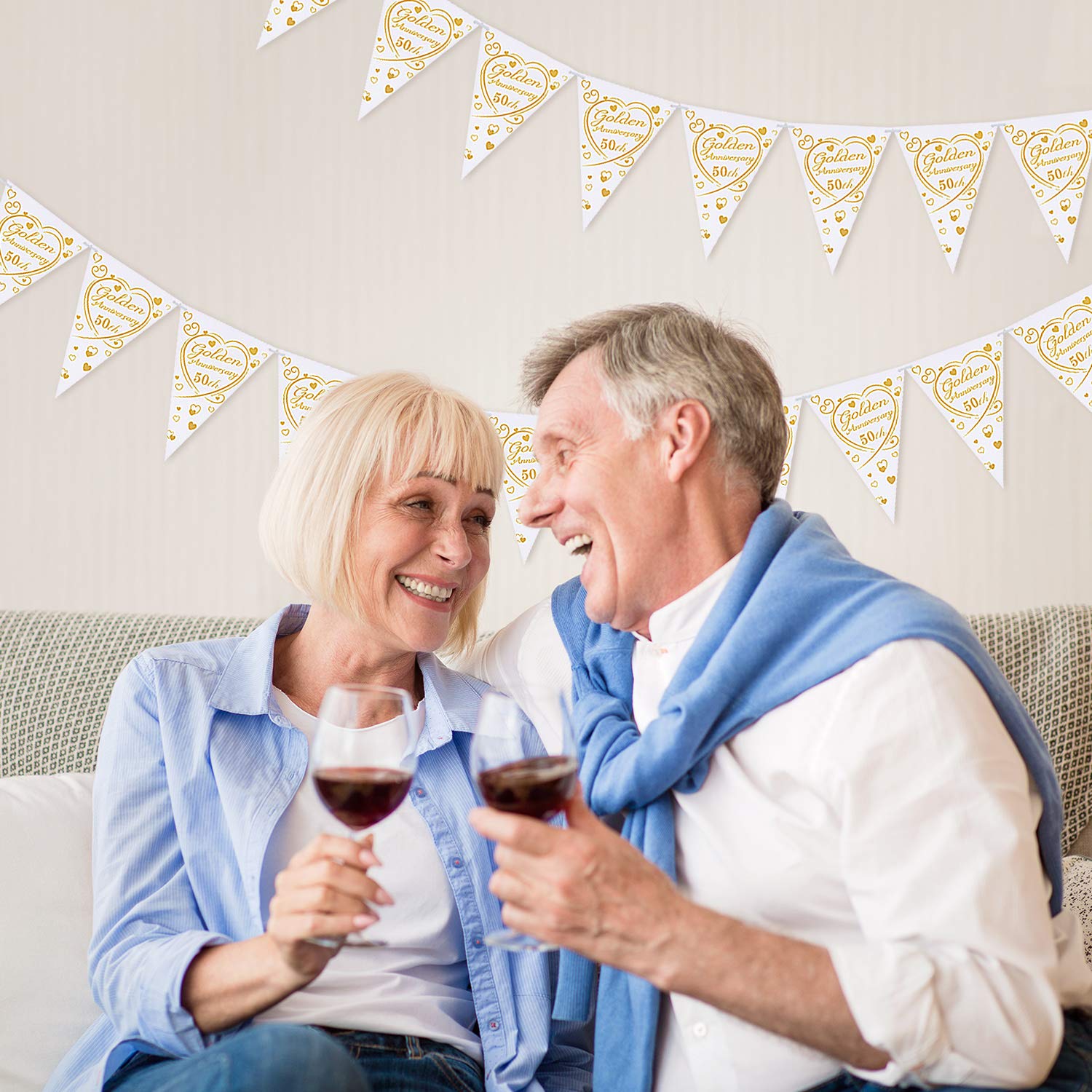 50th Anniversary Triangle Bunting Banner - Golden Heart Themed Garland Decor for Wedding, Birthday Party & Anniversary Celebrations (2 Pack) - Perfect for Indoor/Outdoor Party Decorations