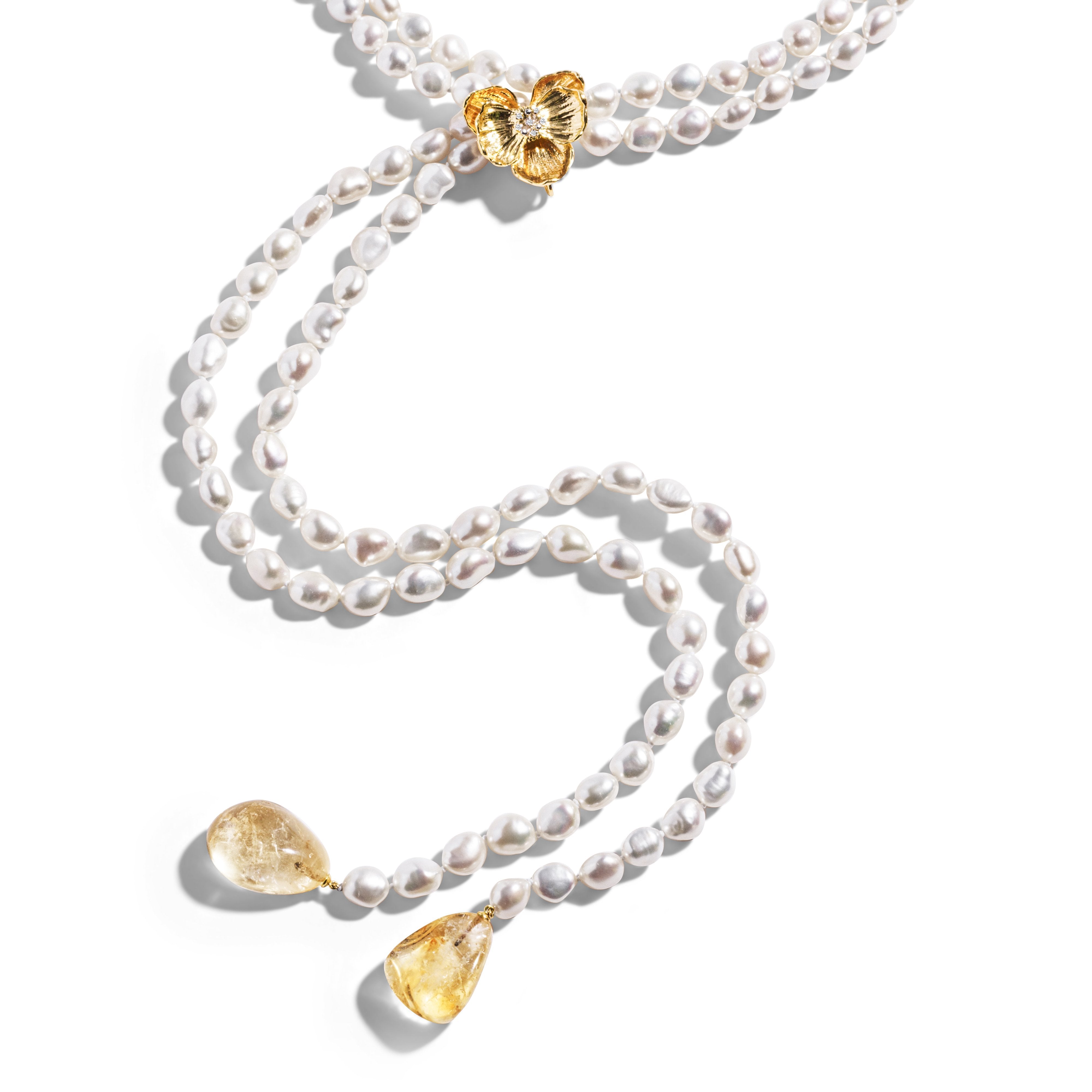 Elegant Orchid Lariat Necklace with Genuine Pearls, Rutilated Quartz & Diamond Accents | Perfect for Weddings, Anniversaries & Special Occasions
