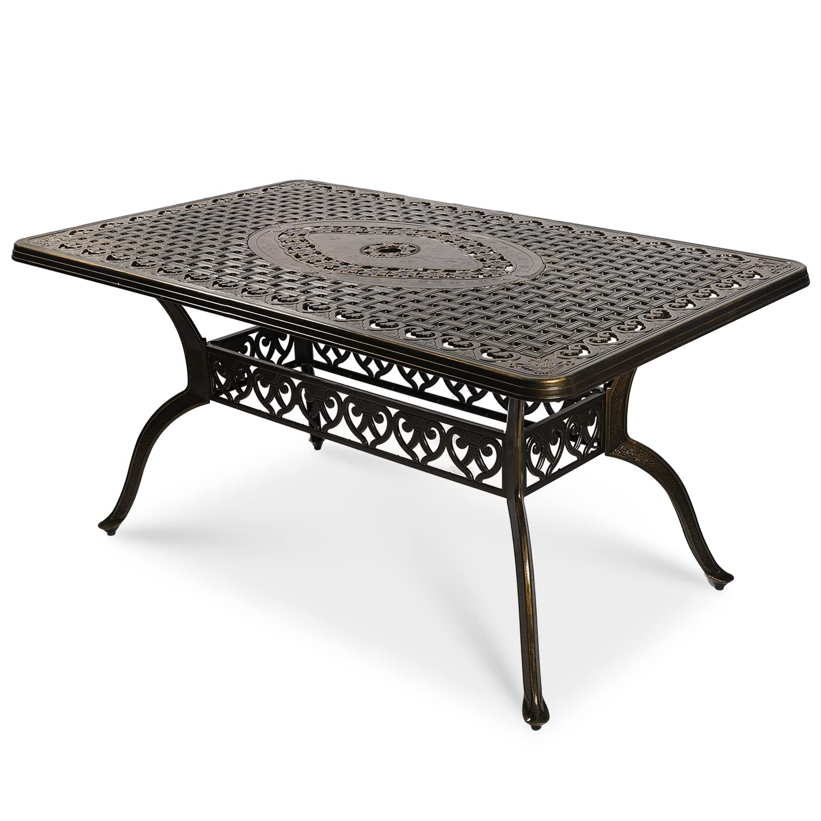 VIVIJASON Outdoor Patio Dining Table - Rustic Bronze Rectangle Cast Aluminum Table with Umbrella Hole - Perfect for Backyard BBQs, Garden Parties & Poolside Dining