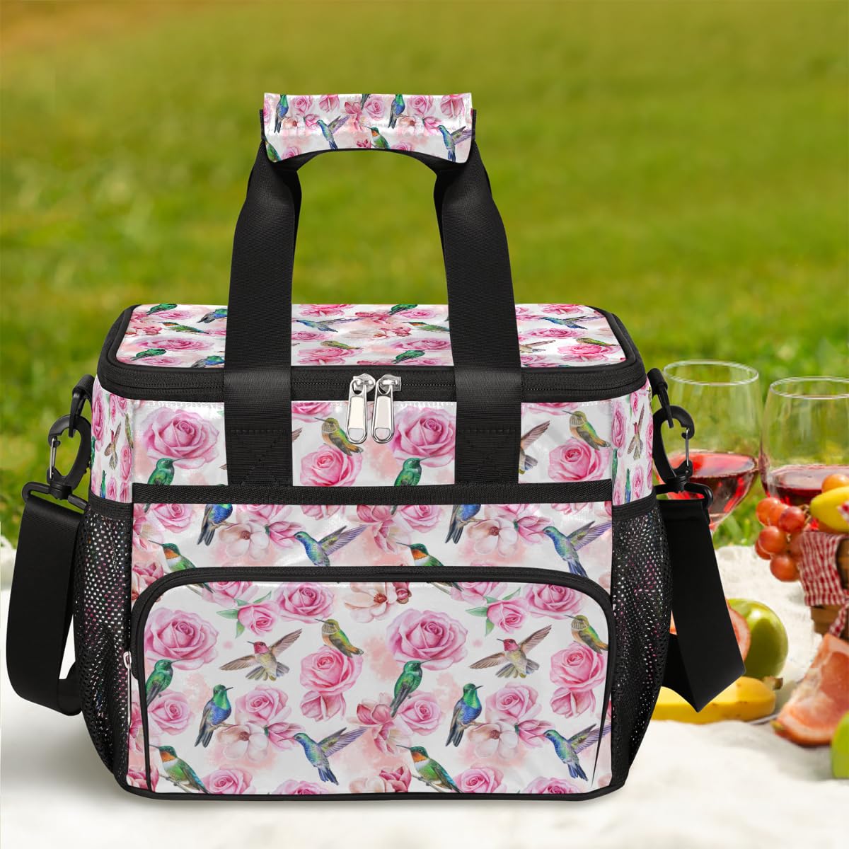 Insulated Lunch Bag with Adjustable Shoulder Strap - Leakproof Reusable Cooler Tote for Women & Men | Hummingbird Floral Design | Large Freezable Lunch Box for Work, Picnic, Beach & Outdoor Activities