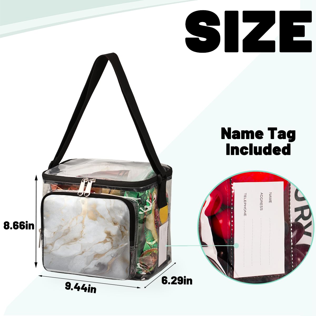 GzLeyigou White Gold Marble Clear Tote Bag with Handles - Transparent Crossbody Shoulder Bag for Women, Art Painting Design Lunch Purse - Perfect for Outdoor Travel, Picnic, Concerts, Sports Events & Stadium Approved (Multi-Use)