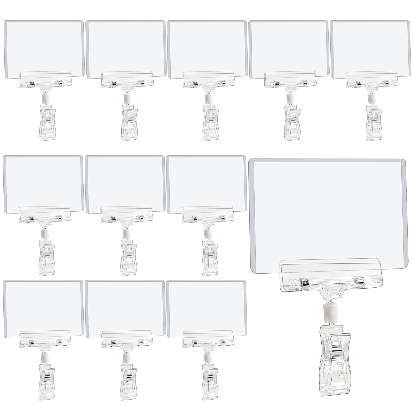 12 Pack Rotatable Clip-On Sign Holders with 12 PVC Card Protectors - Adjustable Price Tag Display Clips for Retail Stores, Restaurants & Trade Shows - Perfect for Menu Boards, Product Displays & Promotional Signage