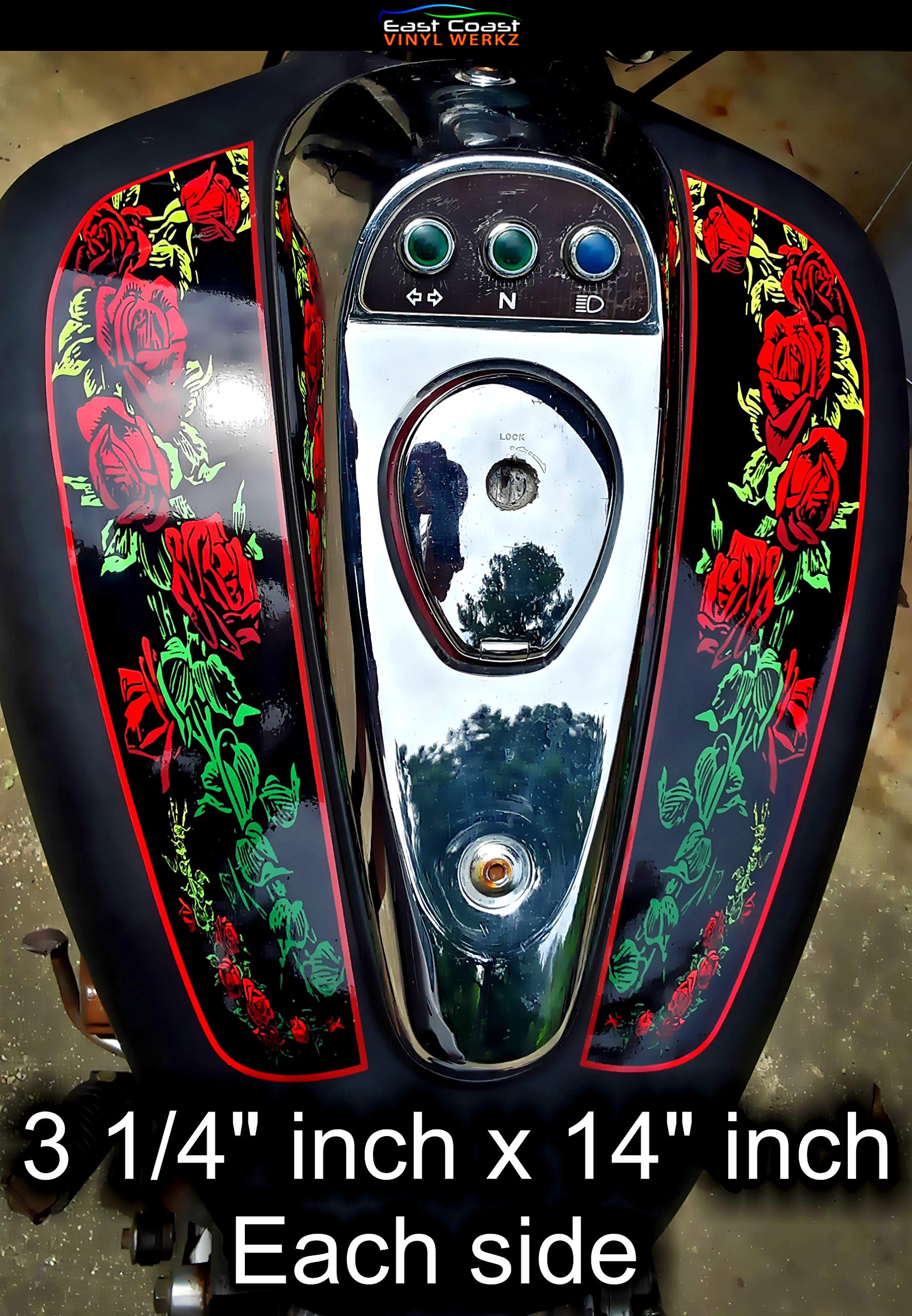 Motorcycle Split Tank Top Decals Set - 2 Piece Rose Red Vinyl Stickers for Bike Customization | Perfect for Harley, Yamaha, Honda Motorcycle Accessories & DIY Projects