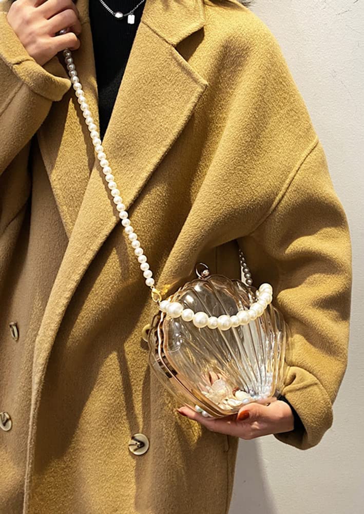 Fairy Shell Evening Purse for Women - Clear Transparent Handbag with Pearl Accents, Chic Party Clutch & Shoulder Bag - Perfect for Weddings, Prom, Cocktail Parties & Special Occasions