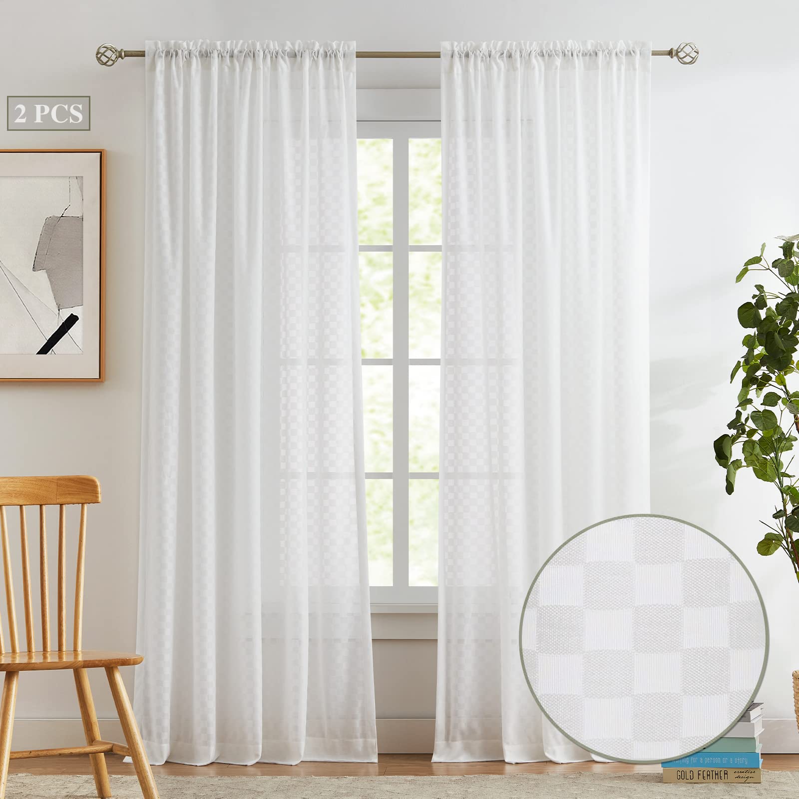 Melodieux Off White Gingham Sheer Curtains 45 Inch Length - Buffalo Check Plaid Cotton Rod Pocket Drapes for Kitchen & Bedroom Windows (Set of 2 Panels, 54