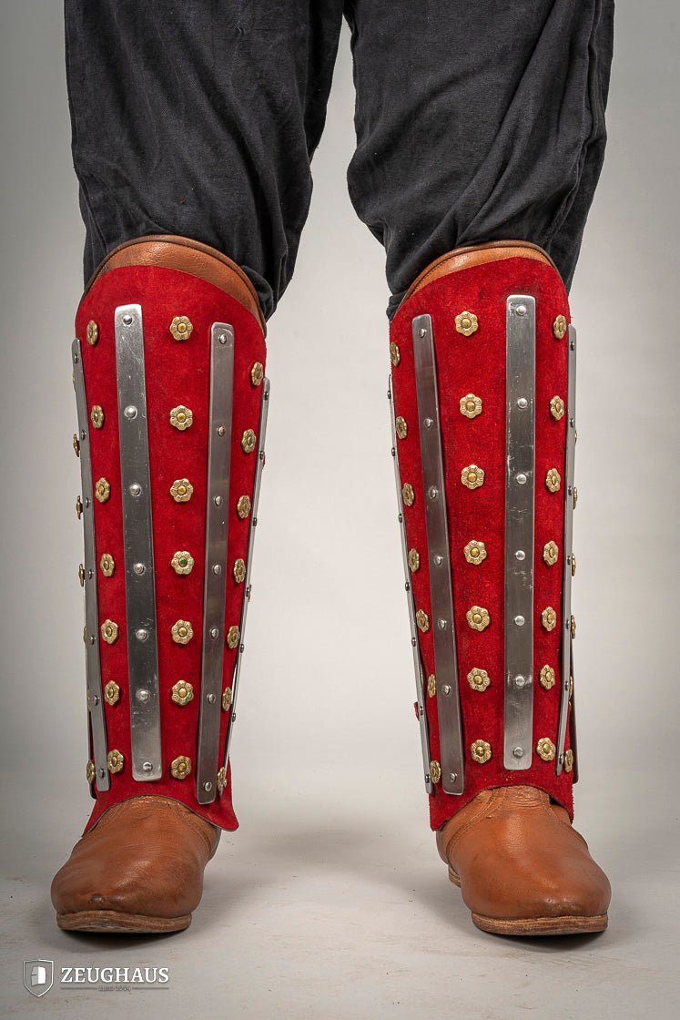 Premium Splinted Suede Leather Greaves - Red Medieval Armor Leg Protection for LARP, Cosplay & Renaissance Faires