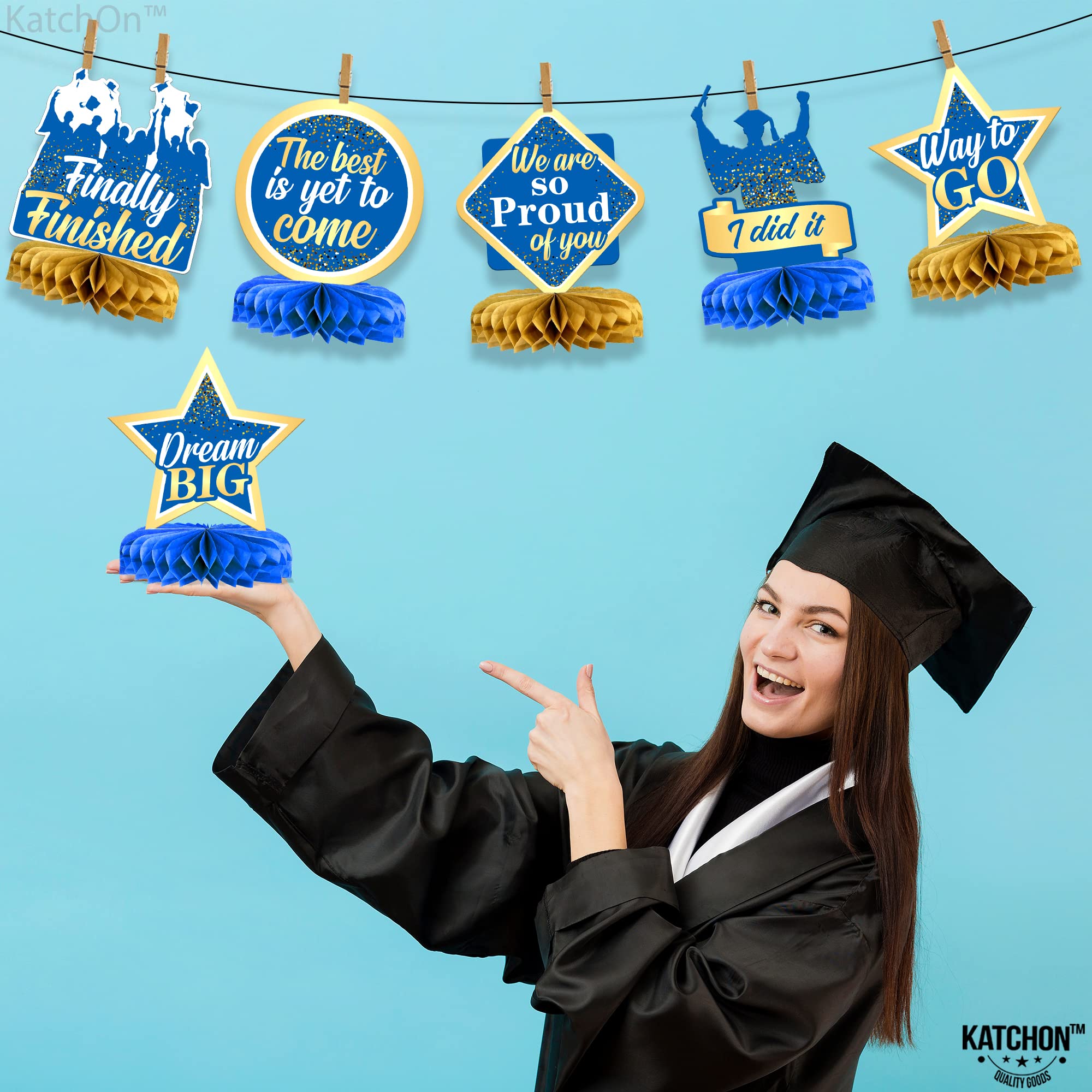 KatchOn 2025 Graduation Centerpieces - Pack of 9 Blue & Gold Honeycomb Decor for Tables | Class of 2025 Party Decorations | Perfect for Graduation Ceremonies, Banquets & Photo Backdrops