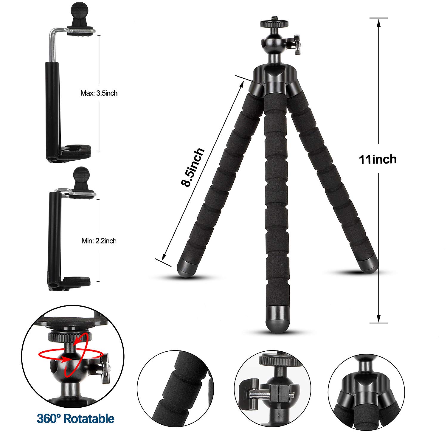 Portable Adjustable Phone Tripod Stand with Remote & Universal Clip - Compatible with iPhone, Android, Camera | Compact, Flexible Holder for Vlogging, Live Streaming & Photography (Black)