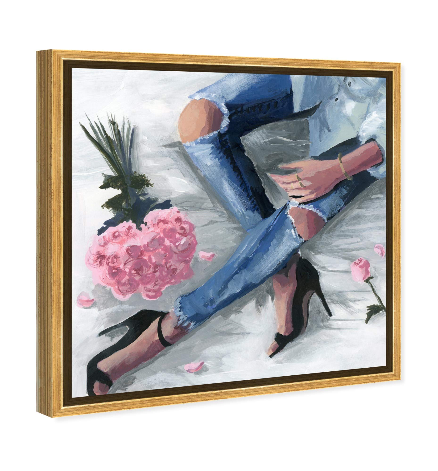 Oliver Gal Artist Co. Fashion & Glam Framed Wall Art Canvas Print - 'Romantic Jeans' Outfits Home Decor - 16x16 Inches - Blue & Pink - Perfect for Living Room, Bedroom & Office Decor