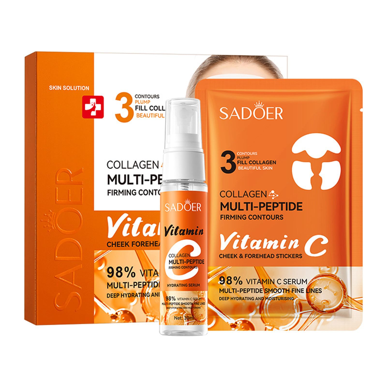 **Vitamin C Face Serum & Collagen Face Mask Set - Hydrating & Soothing Skincare Gift Box with 4 Pcs Essence Masks for Forehead & Cheeks | Perfect for Daily Hydration, Spa Nights & Travel Skincare**
