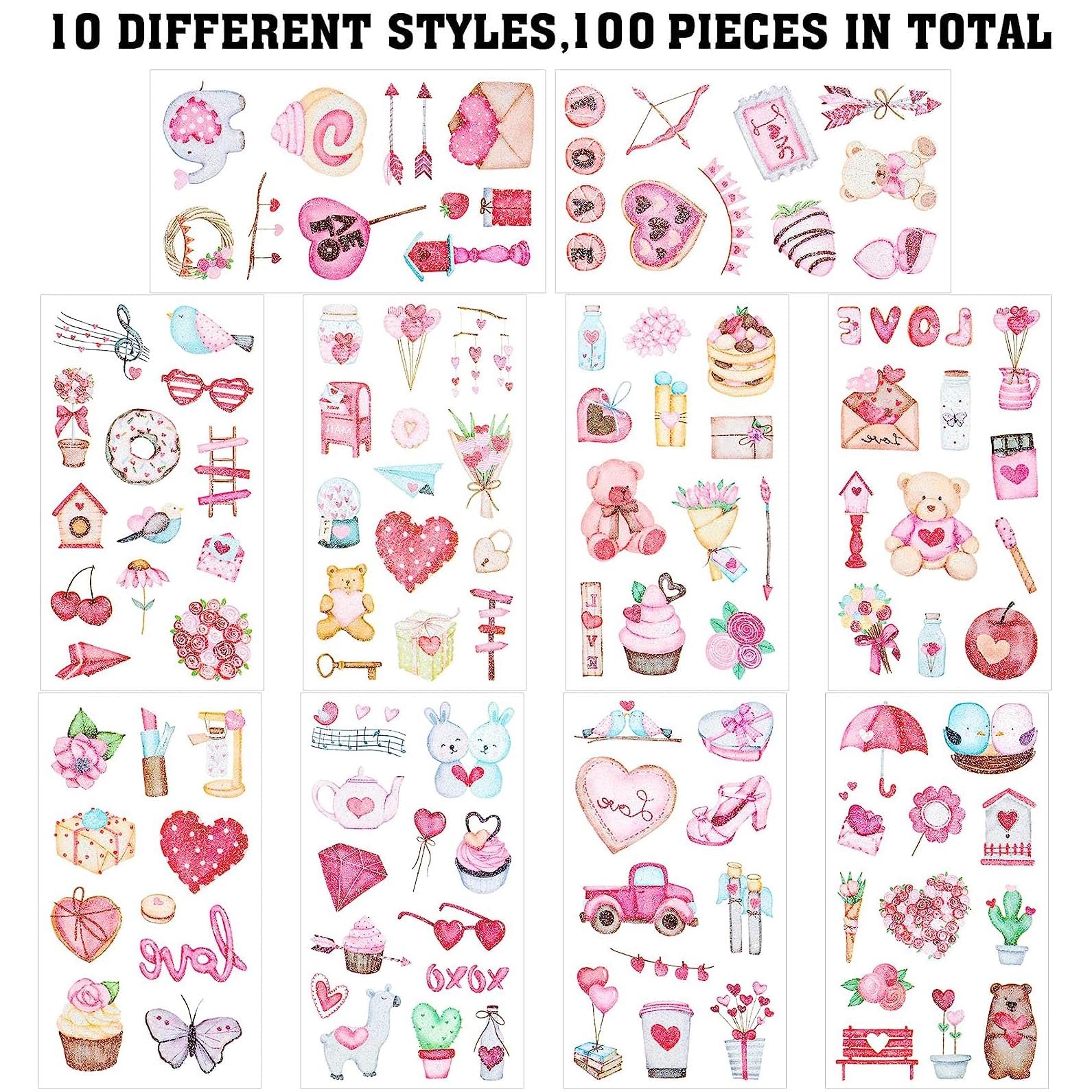 10PCS Valentine's Day Temporary Tattoos - Glitter Heart, Cupid Arrow, Dessert & Flower Designs | Waterproof Fake Tattoos for Kids & Adults | 12x6.8CM Size | Perfect for Parties, Weddings & Romantic Events