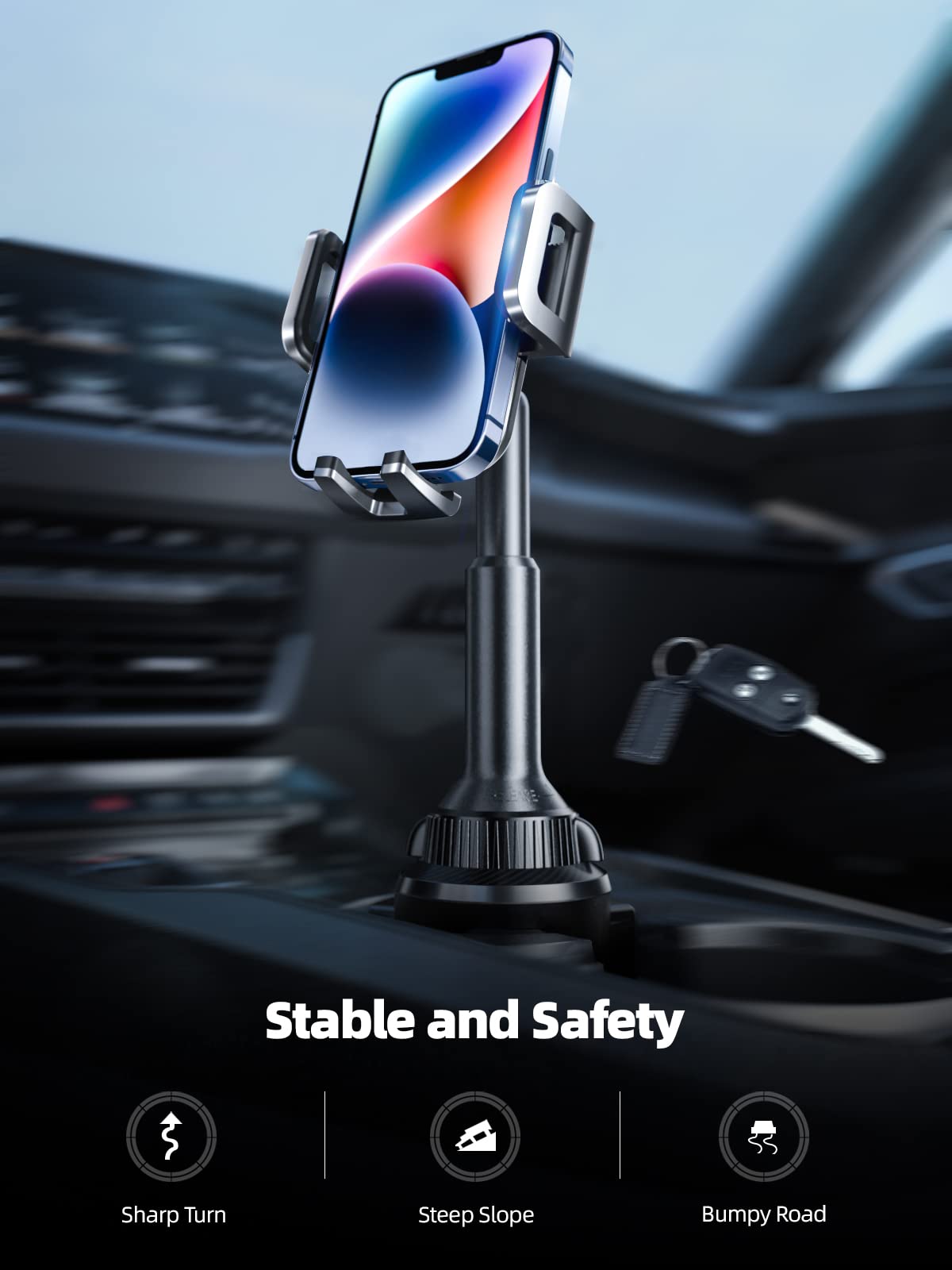 Adjustable Cup Holder Phone Mount for Car - Universal Smartphone Cradle for iPhone, Samsung & More - Bumpy Road Friendly & Super Stable - Perfect for Road Trips, Commuting & Delivery Drivers