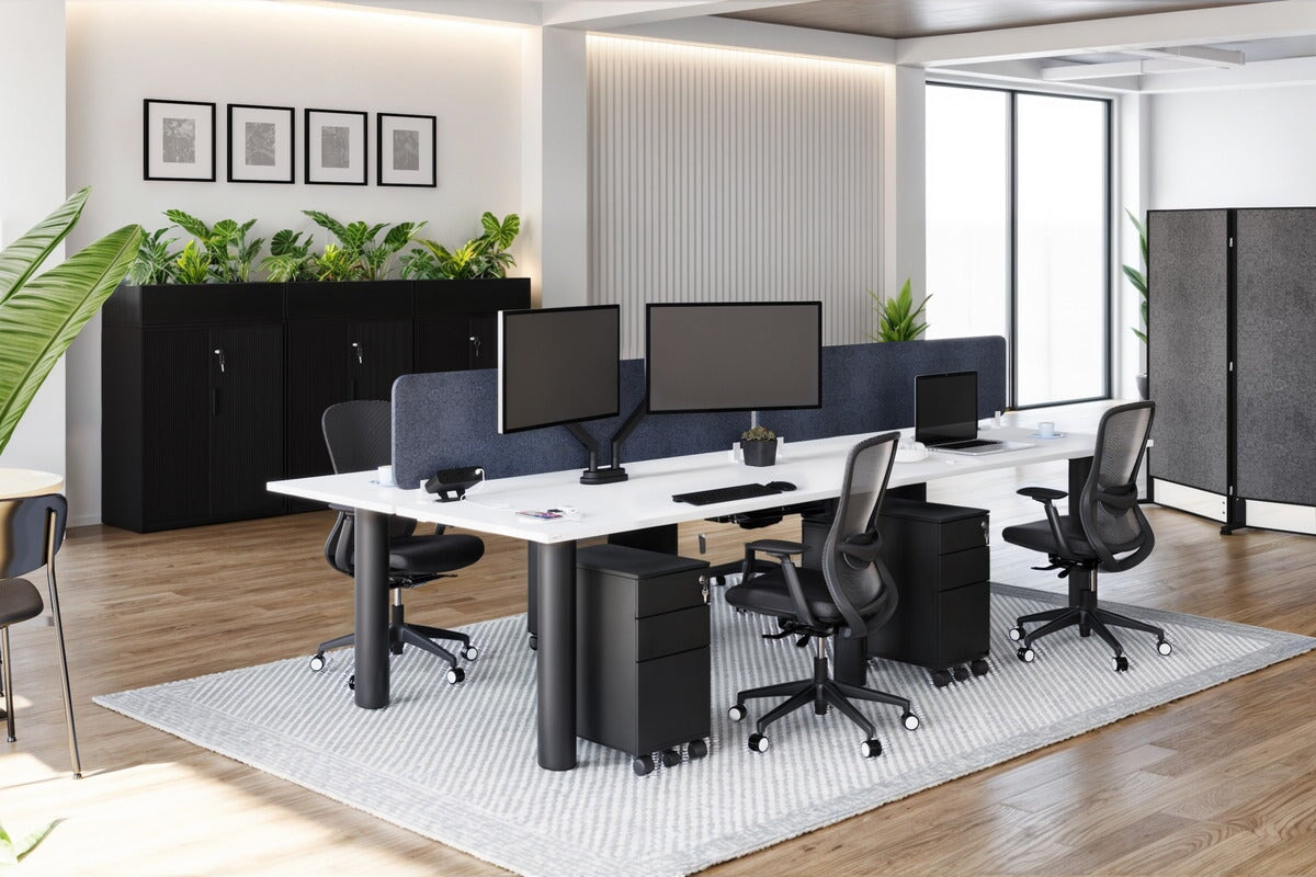 4-Person Quadro Cylinder Leg Office Workstation Desk [1400L x 700W] - Modern Collaborative Workspace Solution for Team Projects & Open Office Layouts