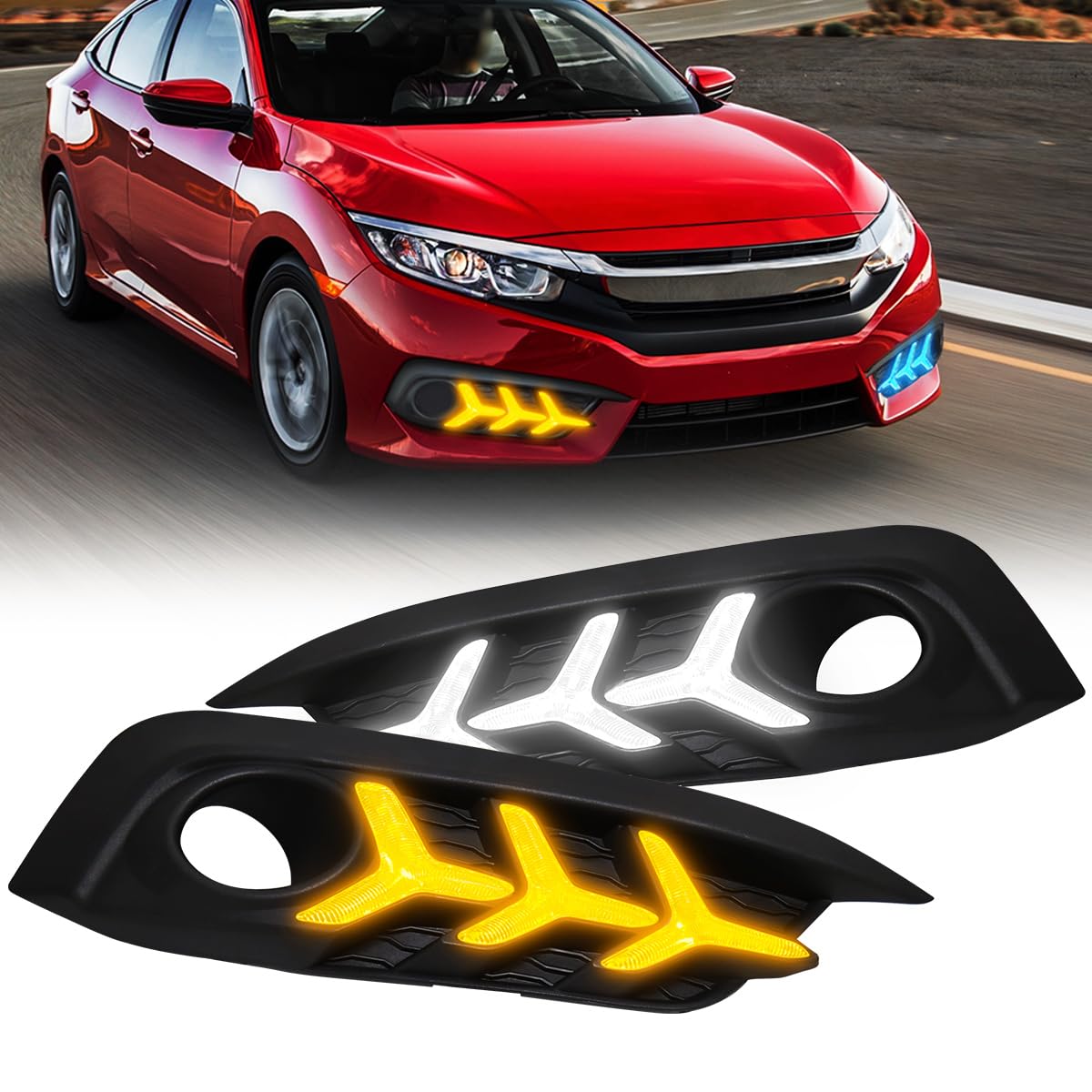 2016-2018 Honda Civic 10th Gen Sedan LED Daytime Running Lights (DRL) with Amber Turn Signal - 3 Color Fog Lights, Fish Bone Style - Upgrade for Better Visibility & Safety | Perfect for Night Driving & Foggy Conditions