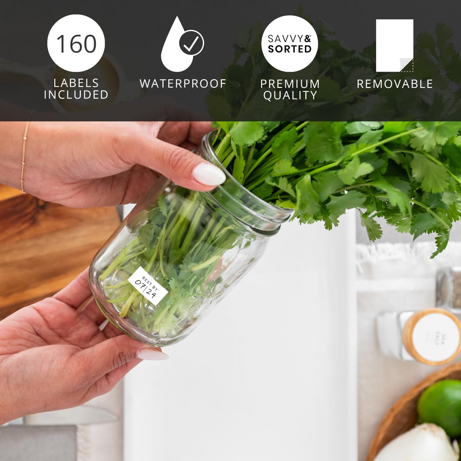 160 Waterproof Pantry Labels for Food Expiration Dates - Reusable Kitchen Labels for Containers & Meal Prep - Best By/Use By Write-On Labels for Food Freshness Organization (Ideal for Home Kitchens, Restaurants & Meal Planning)