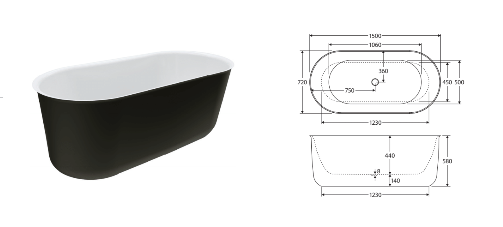 Fienza FR72 1500B Windsor Freestanding Acrylic Bathtub 1500mm - Matte Black Finish for Modern Bathroom Luxury & Spa Relaxation