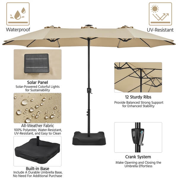 Yaheetech 15 ft Large Outdoor Patio Umbrella with Solar LED Lights - Perfect for Poolside, Backyard, Garden, and Beach Use