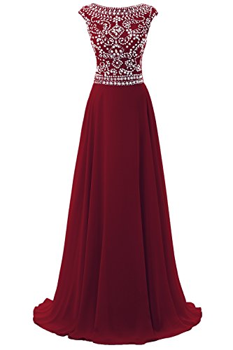 Elegant Burgundy Long Chiffon Bridesmaid Dress with Beaded Cap Sleeves - Formal Evening Gown for Weddings, Prom & Special Occasions - Size 12