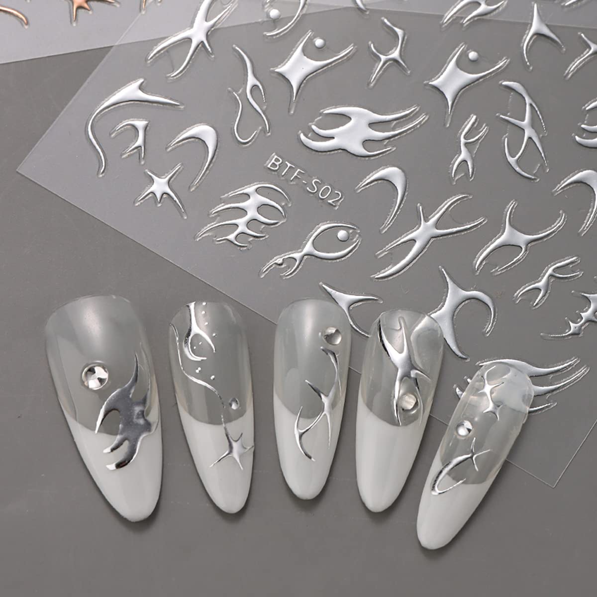3D Gold & Silver Fish Bone Nail Art Stickers - Holographic Stripe Graffiti Design, Champagne Gold Geometric Nail Decals (6 Pcs) - Perfect for Manicures, French Nails & DIY Nail Art Decorations