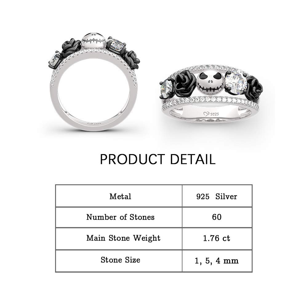 Jeulia 1.76ct Rose Flower Skull Wedding Band - 925 Sterling Silver Diamond Eternity Ring for Women - Romantic Engagement, Anniversary & Promise Jewelry Gift - Perfect for Gothic Weddings, Valentine's Day & Alternative Fashion