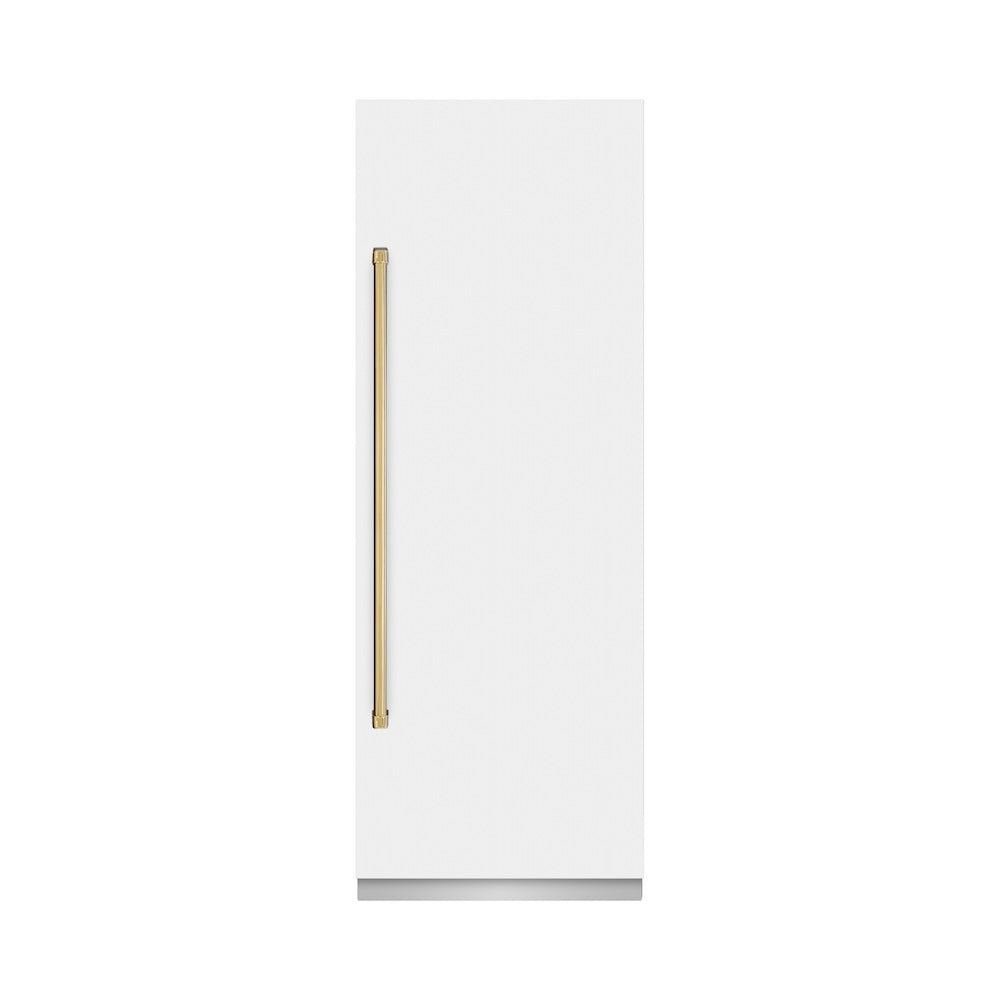 ZLINE Autograph Edition 30-inch 16.7 cu ft White Matte Column Refrigerator with Graphite Gray Interior & Polished Gold Accents - Perfect for Modern Kitchens, Open Concept Homes & Luxury Appliances Collection (RCRVZ WM 30 G)