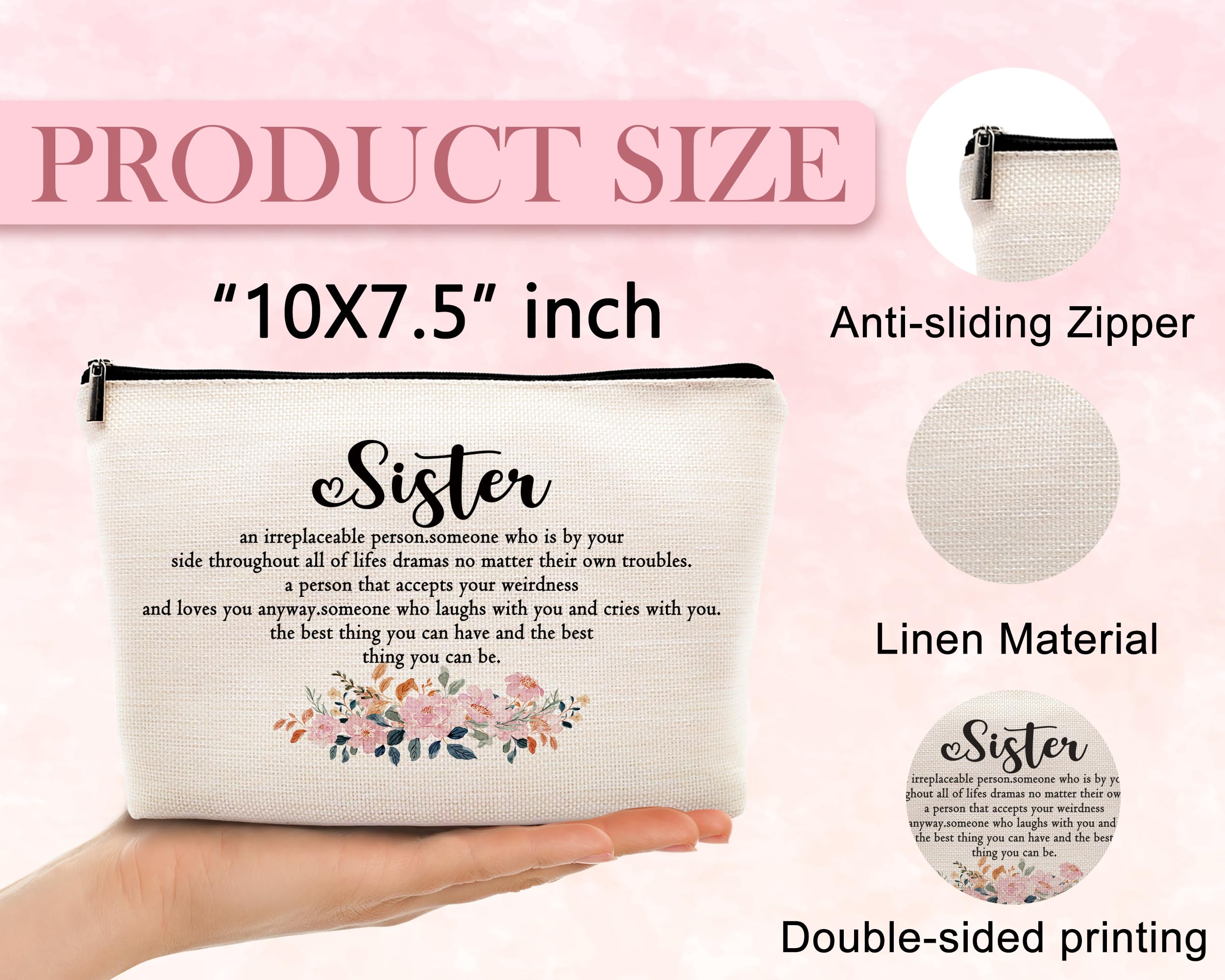 KDQUA Sister Makeup Bag - Best Gifts for Sisters, Big Sister Little Sister Friendship Gift - Linen Cosmetic Zipper Pouch, Travel Toiletry Organizer - Perfect for Birthday, Christmas & Travel (Inspirational Sister Gifts for Women)