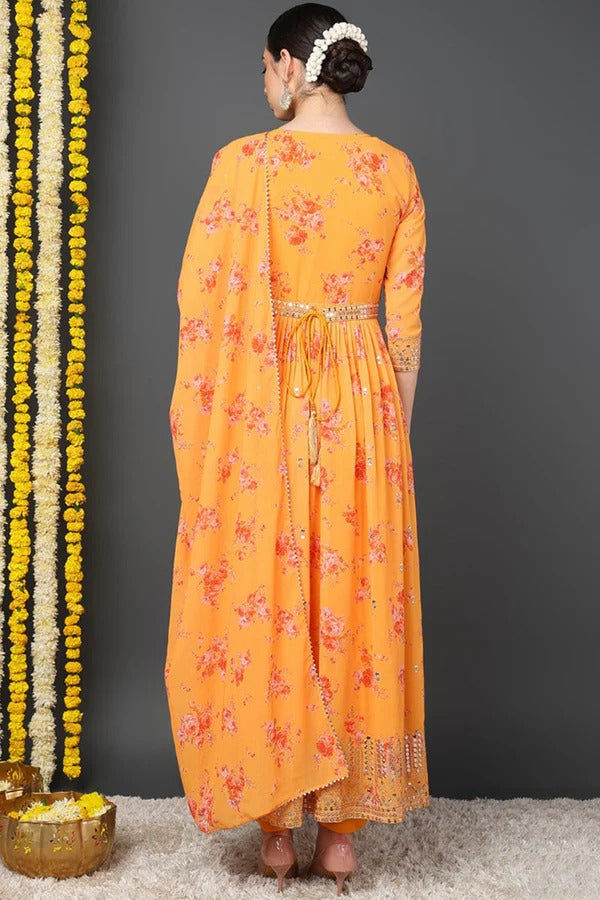 Orange Georgette Floral Printed Flared Suit Set for Women - Diwali & Festival Outfit - Elegant Ethnic Wear for Parties, Weddings & Special Occasions