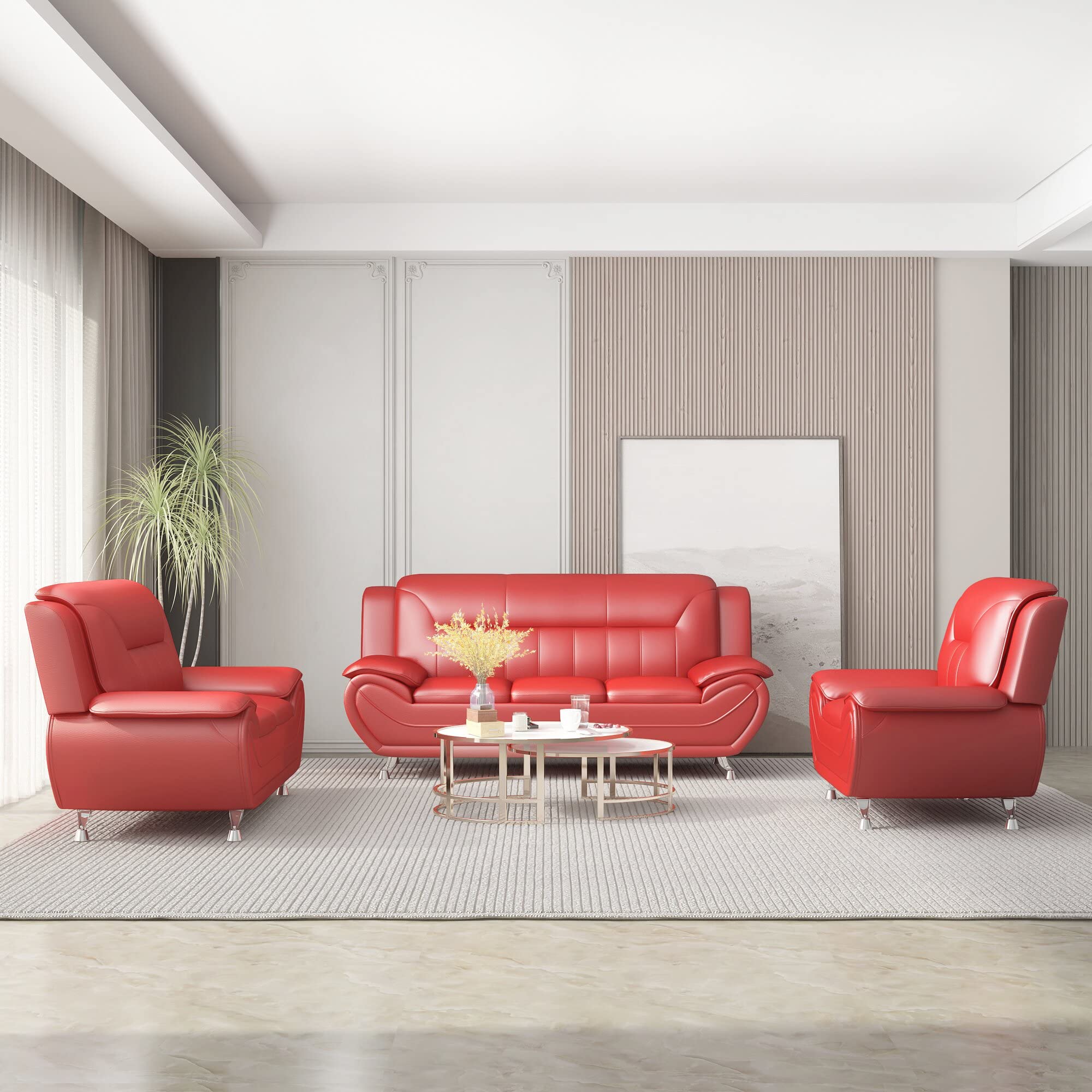 Michael Modern Faux Leather Upholstered Stainless Steel Legs Living Room Chair, Loveseat & Sofa Set in White Dove - Perfect for Contemporary Living Rooms, Offices and Lounge Areas