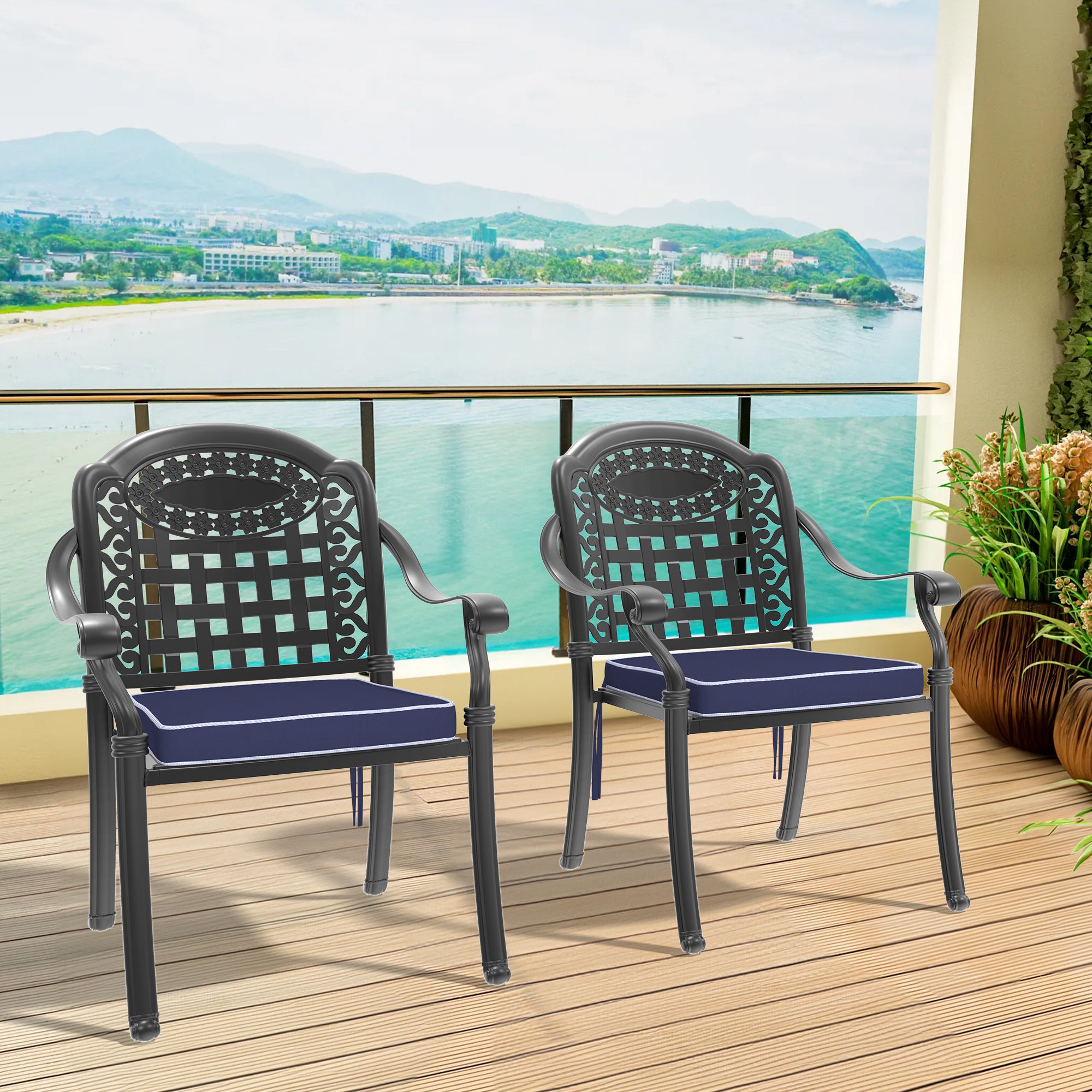 2-Pack Cast Aluminum Patio Dining Chairs with Black Frame & Cushions - Outdoor Garden, Poolside, Deck Furniture Set for Dining & Relaxing