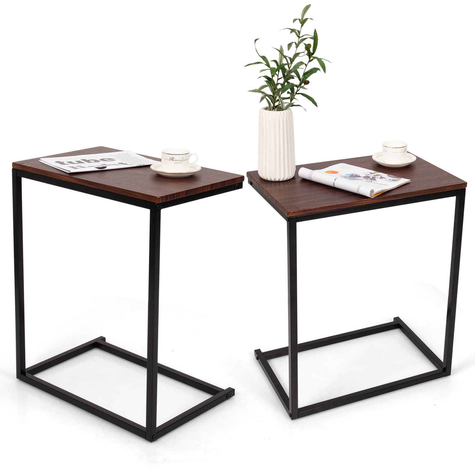 GOFLAME C-Shaped End Table with Wooden Top & Steel Frame - Industrial Side Table for Sofa, Bedroom & Living Room - Perfect for Laptop, Coffee & Snacks - Set of 2 Walnut Tables - Ideal for Small Spaces & Home Office Use