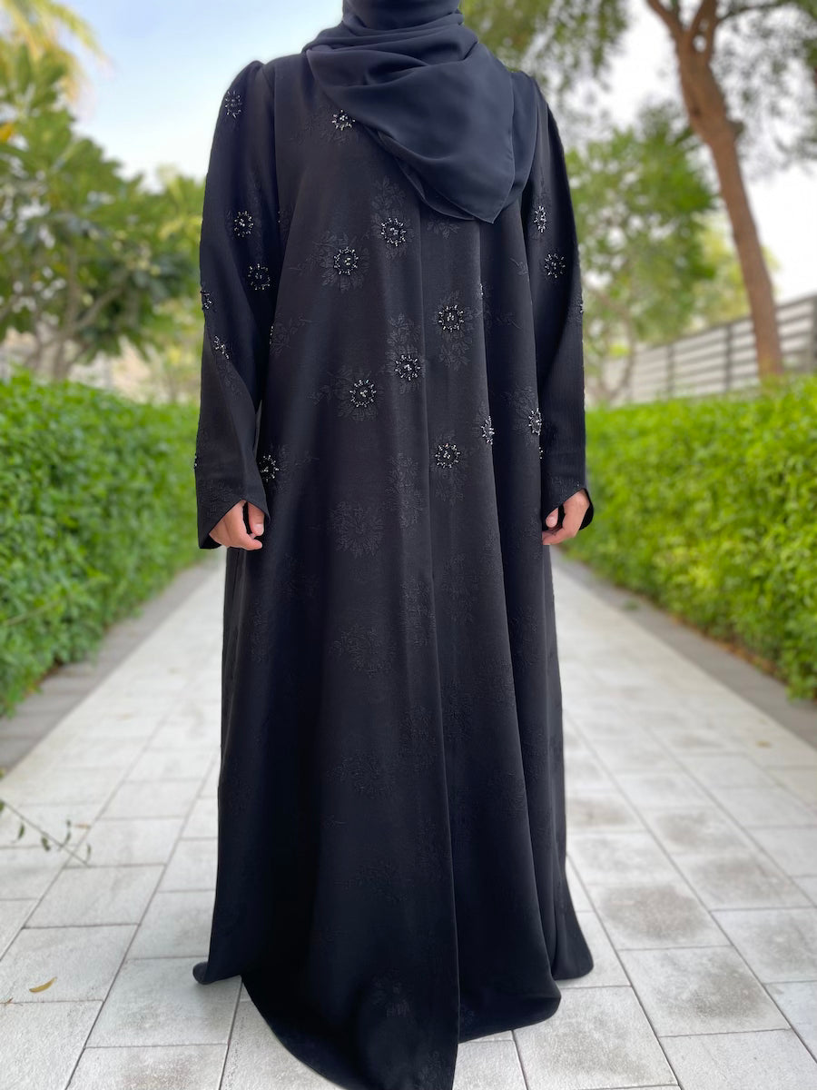 Elegant Black Open Abaya with Floral Embossed Design & Handcrafted Beading - Perfect for Muslim Women's Prayer, Eid Celebrations & Special Occasions