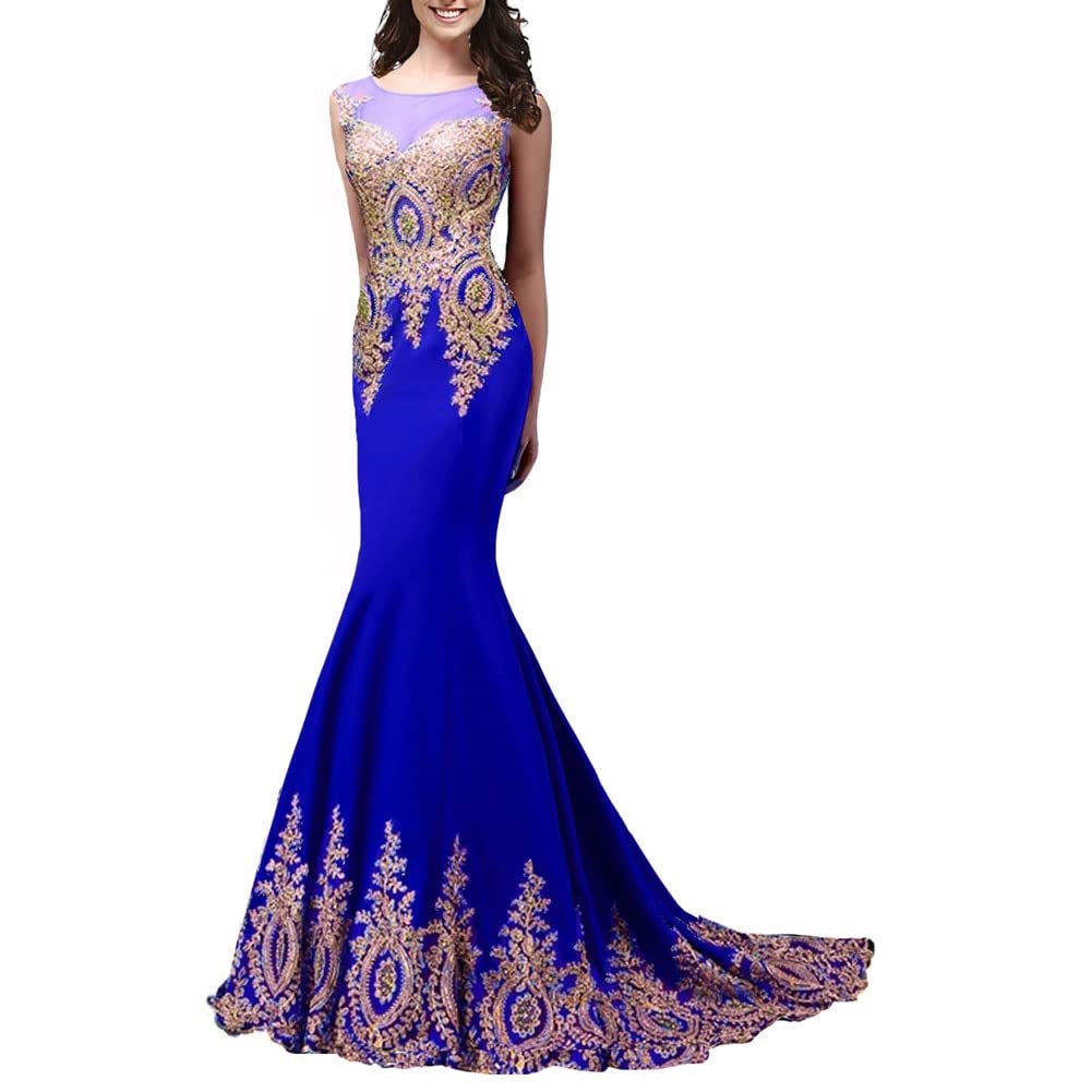 Lemai Shiny Crystal Mermaid Evening Gown - Gold Lace Sheer Formal Prom Dress for Pageant, Wedding, Gala & Special Occasions