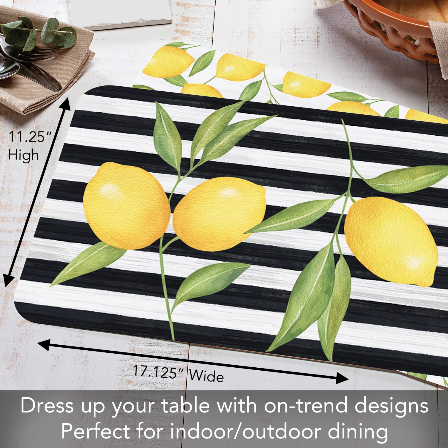 Counterart Jardin De Citron 4 Pack Reversible Plastic Placemats - BPA Free, Easy Care, Wipe Clean, Made in USA - Perfect for Dining Tables, Kitchen Countertops & Outdoor Picnics