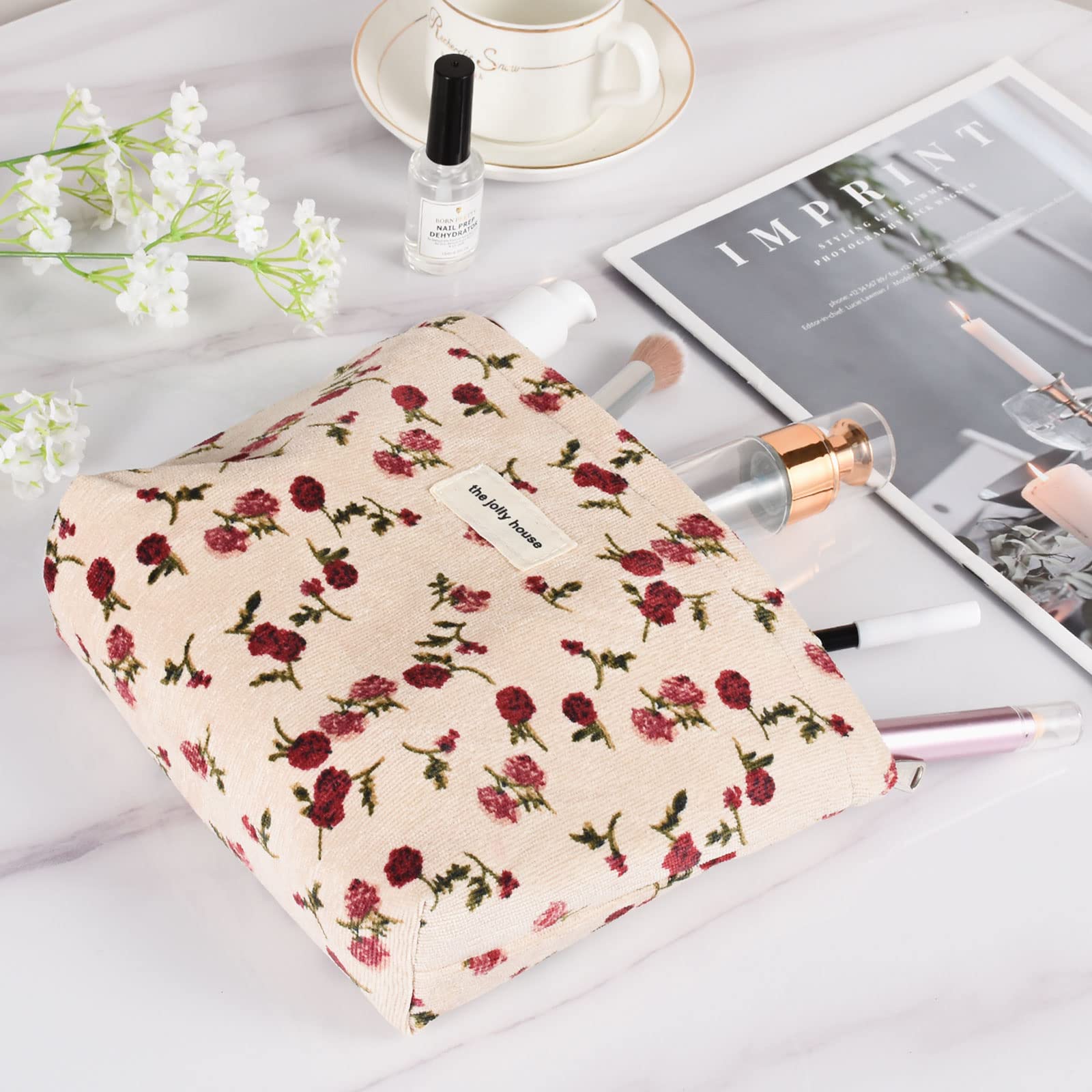 Fycyko Rose Flower Printed Canvas Cosmetic Bag - Corduroy Toiletry Organizer with Zipper, Small Makeup Pouch for Women & Girls (Beige) | Perfect for Travel, Beauty Storage, School Supplies & Gift Giving