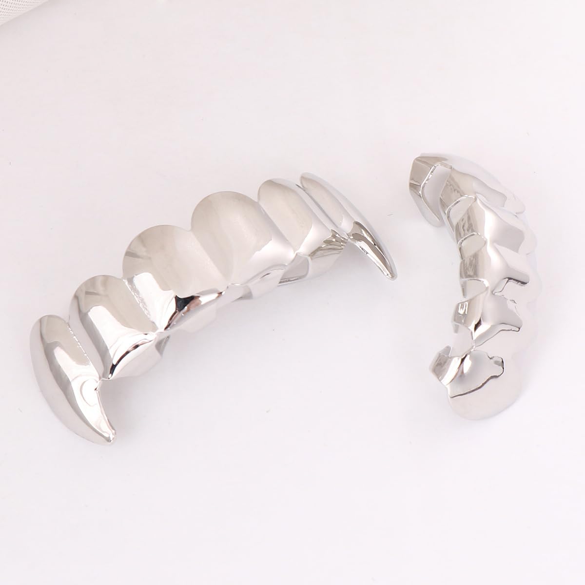 Silver Plated Hip Hop Tooth Grill Set - Top & Bottom Vampire Fangs for Men & Women - Perfect for Halloween, Costume Parties, Rap Performances and Street Style Fashion
