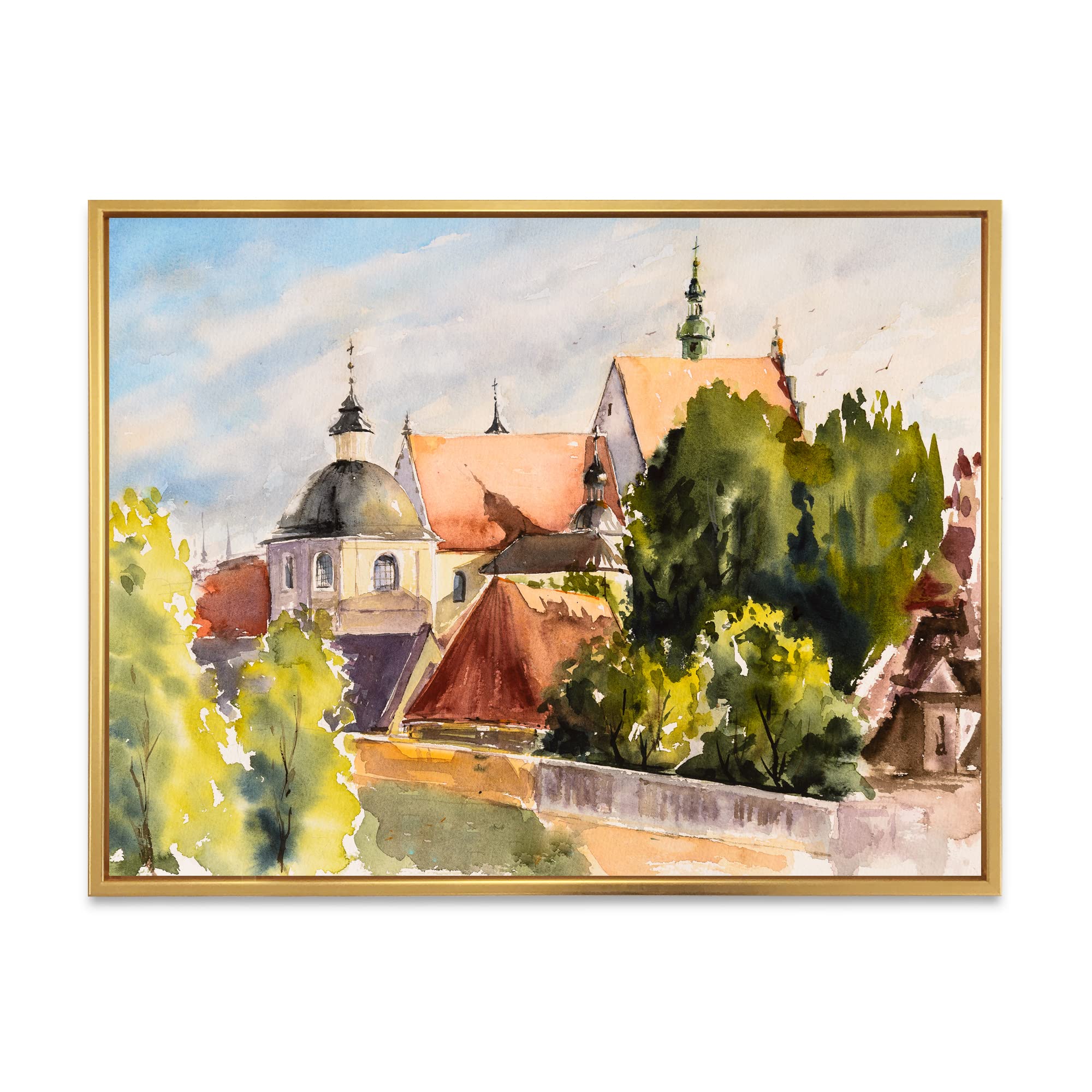 Traditional Framed Canvas Wall Art Print - Old Polish City Landscape Painting - Home & Office Decor for Living Room, Bedroom