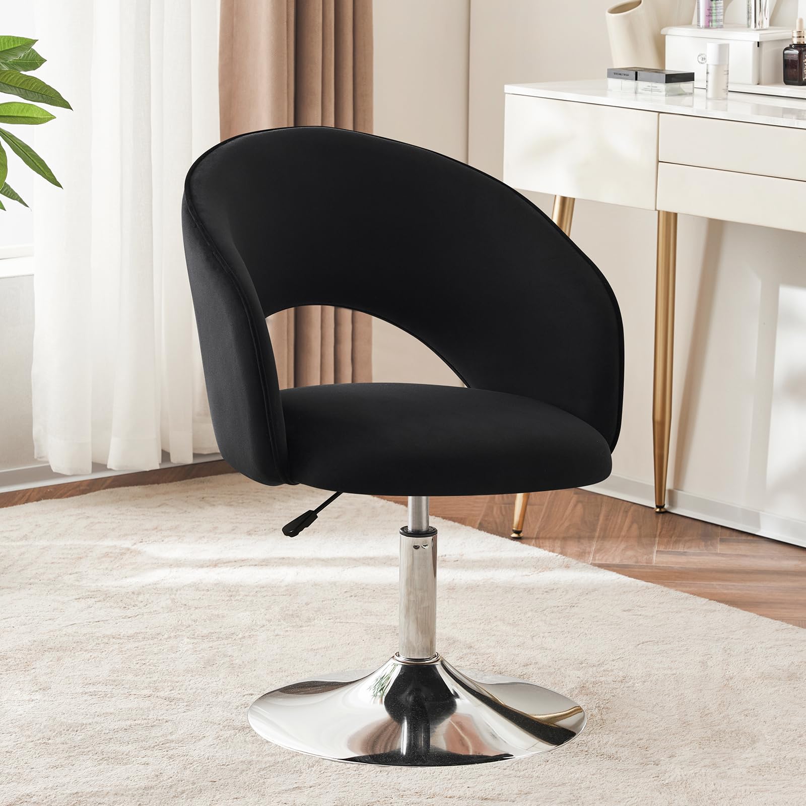Furnimart Adjustable Black Velvet Vanity Chair with Back - Swivel Makeup Stool with Chrome Frame & Hollow Backrest - Accent Chair for Living Room, Bedroom, Dressing Table - Perfect for Makeup, Reading & Relaxing (Black)