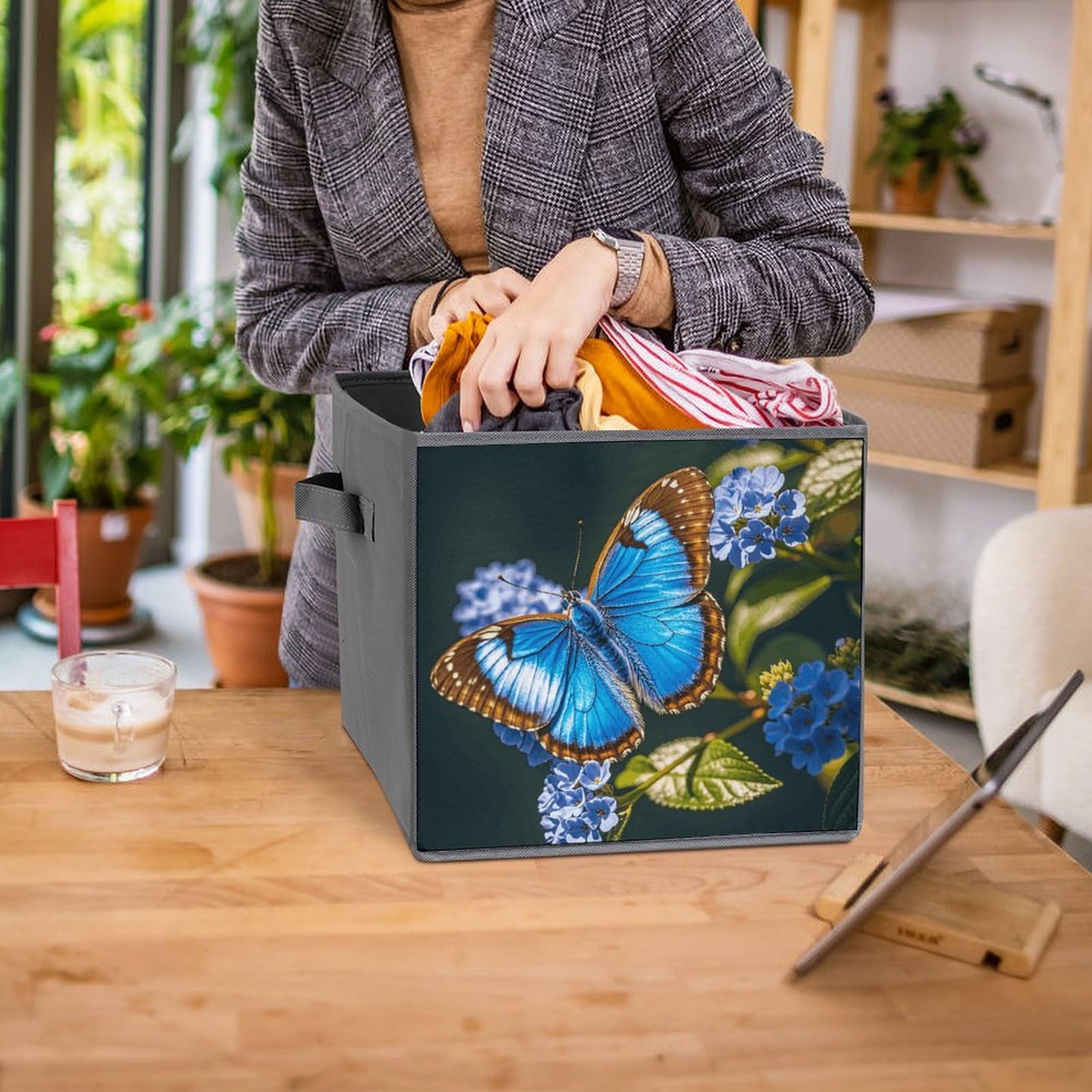 1PCS Collapsible Storage Bins with Handles - Blue Butterfly Printed Foldable Organizer Box for Home, Closet, Shelves & Office | Space Saving Storage Solution for Toys, Books & Household Items