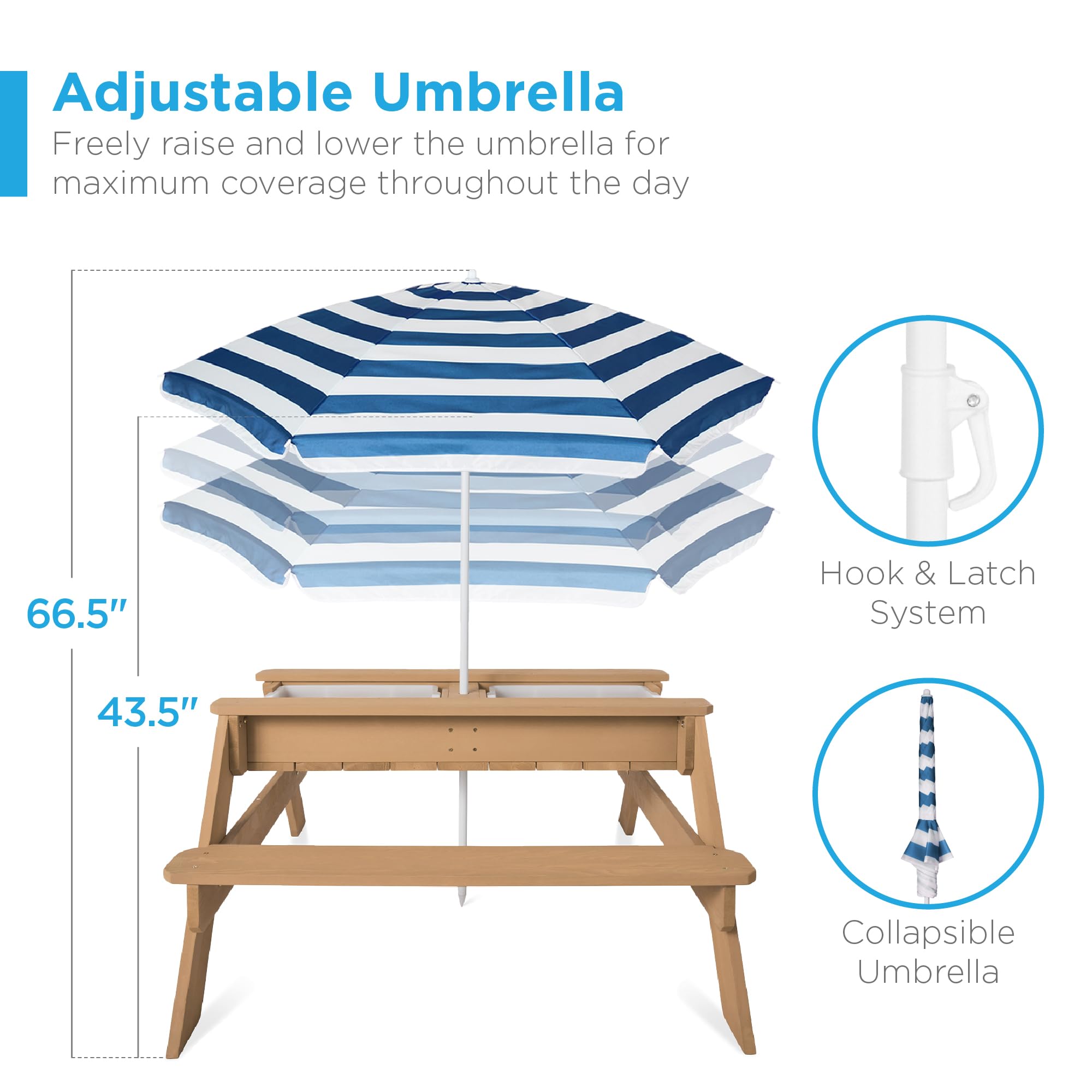 Best Choice Products Kids 3-in-1 Sand & Water Table with Convertible Picnic Top - Wooden Outdoor Activity Table with Umbrella, 2 Storage Trays & 220lb Weight Capacity - Perfect for Backyard Play, Beach Fun & Outdoor Dining (Navy Blue)